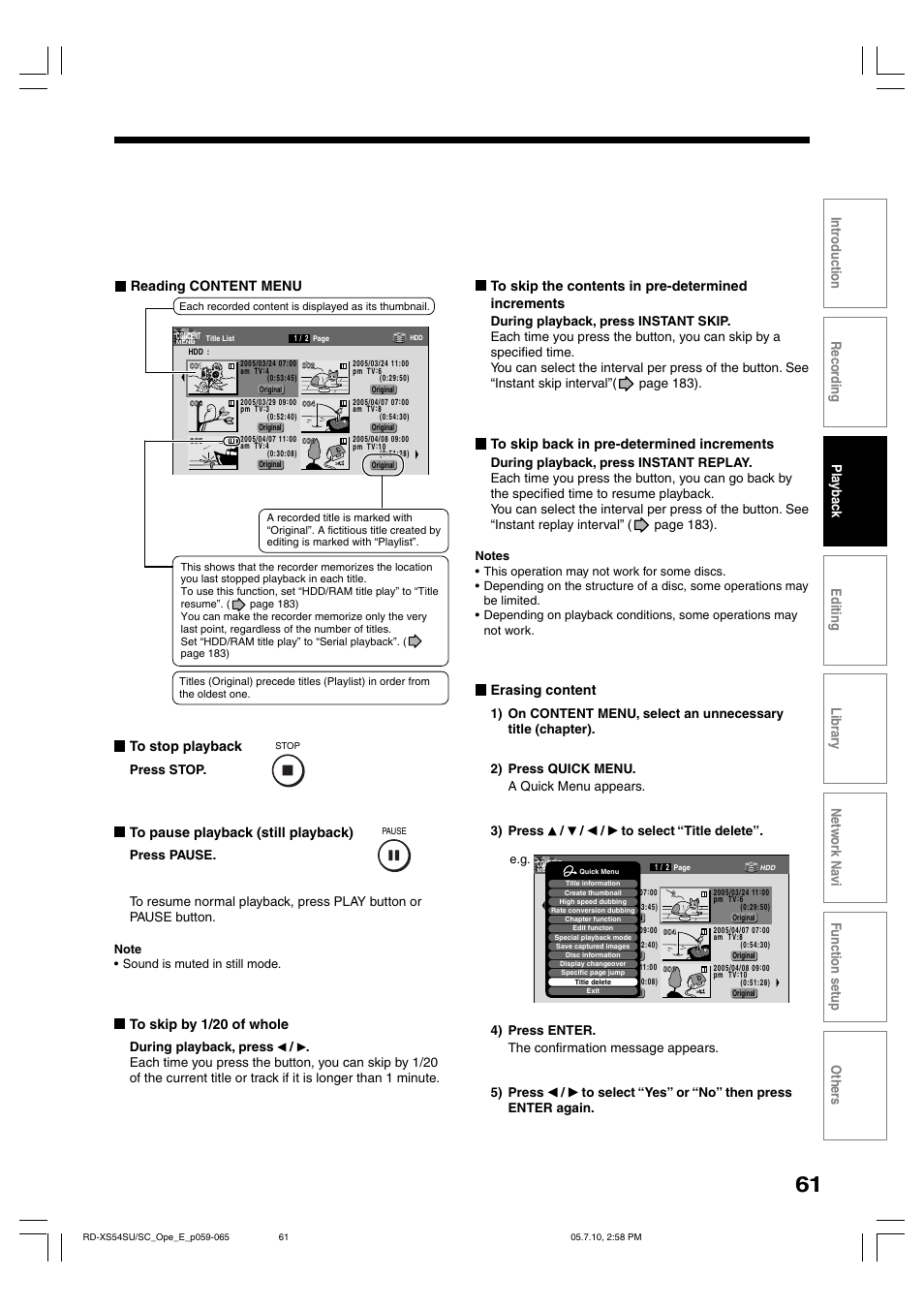 Erasing content, Reading content menu | Toshiba RD-XS54SU User Manual | Page 61 / 100