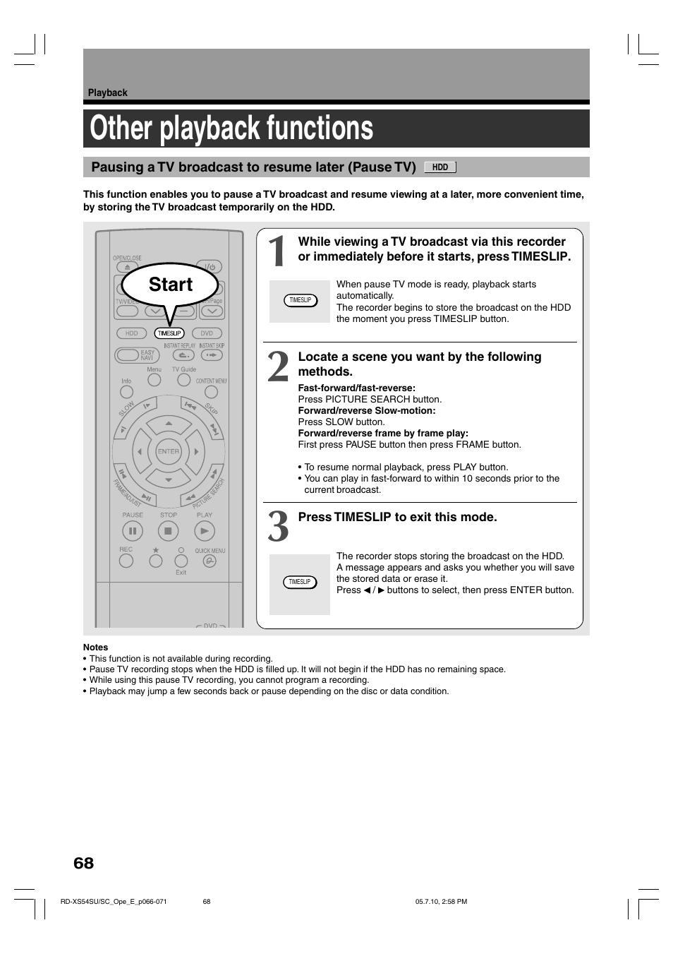 Other playback functions, Start | Toshiba RD-XS54SU User Manual | Page 68 / 100