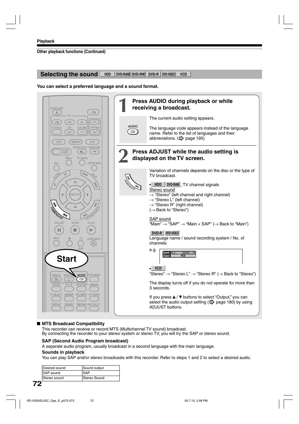 Start, Selecting the sound | Toshiba RD-XS54SU User Manual | Page 72 / 100