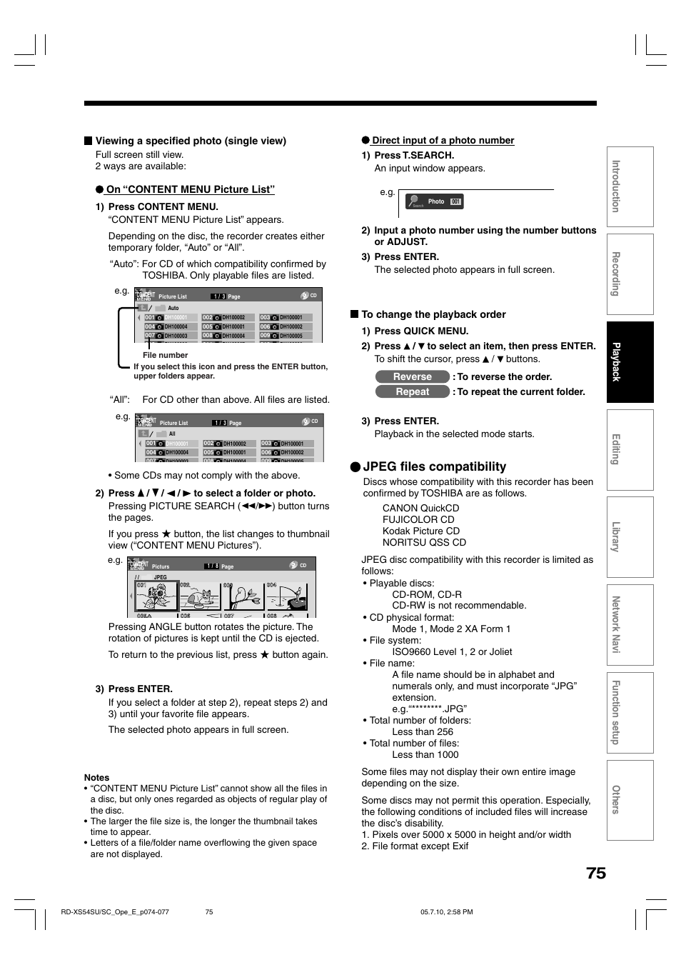 Jpeg files compatibility, On “content menu picture list, Reverse | Repeat | Toshiba RD-XS54SU User Manual | Page 75 / 100