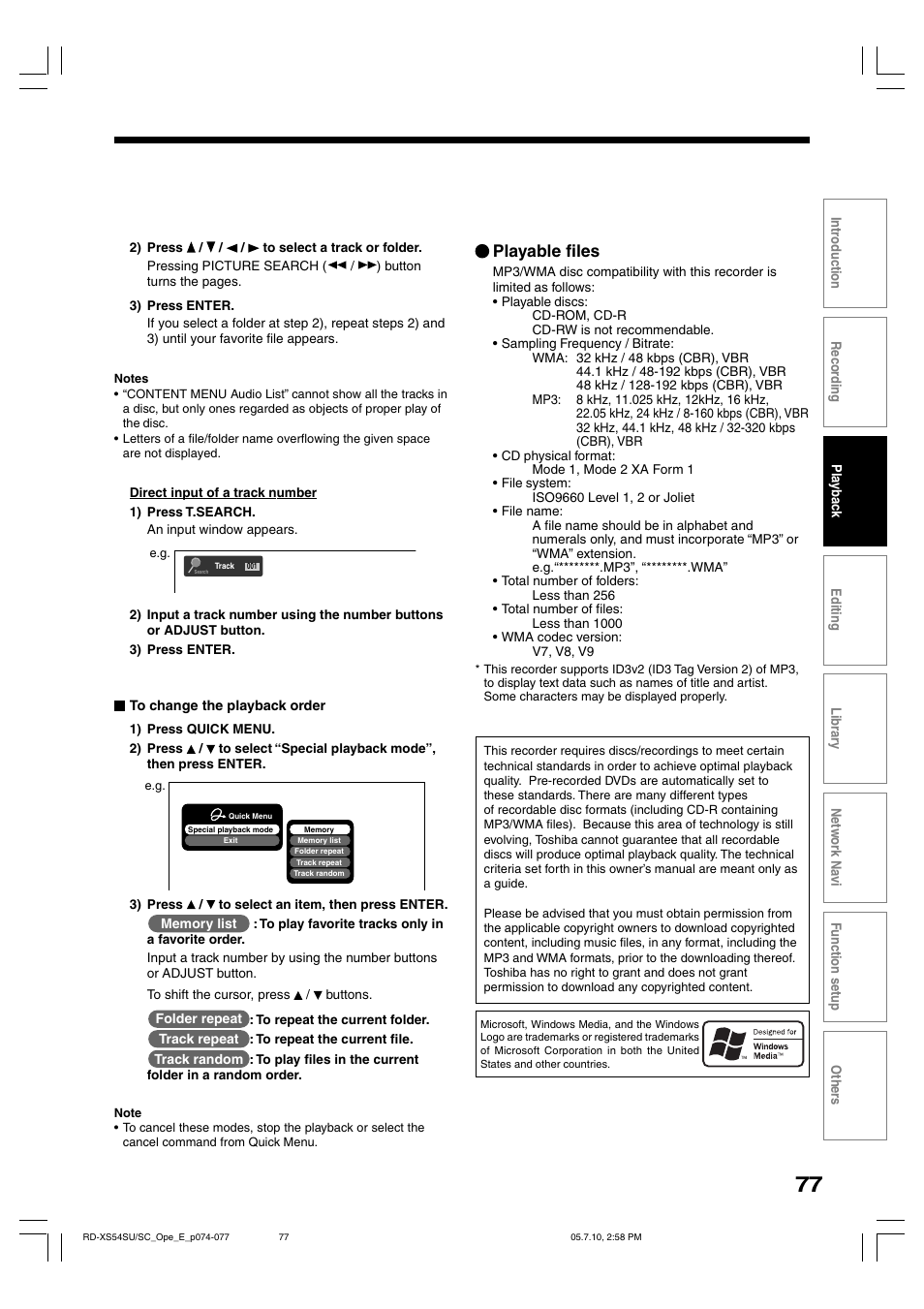 Playable files | Toshiba RD-XS54SU User Manual | Page 77 / 100