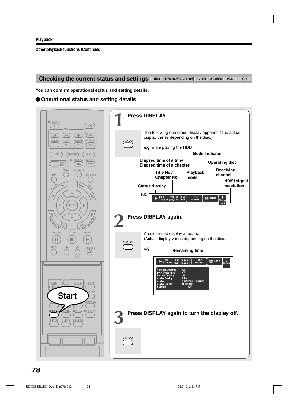 Start, Checking the current status and settings | Toshiba RD-XS54SU User Manual | Page 78 / 100