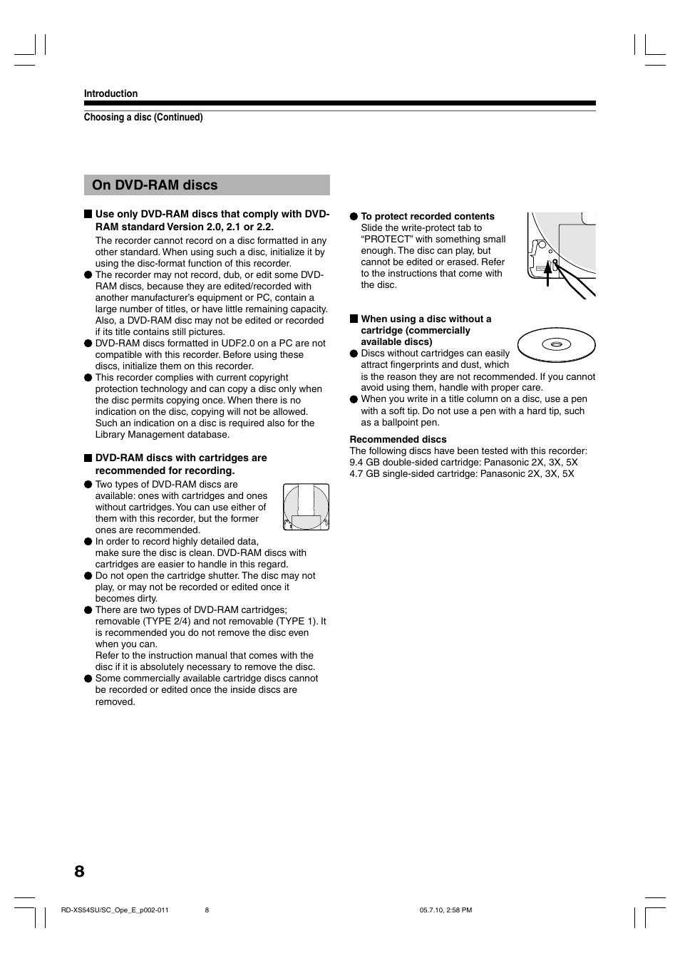 On dvd-ram discs | Toshiba RD-XS54SU User Manual | Page 8 / 100