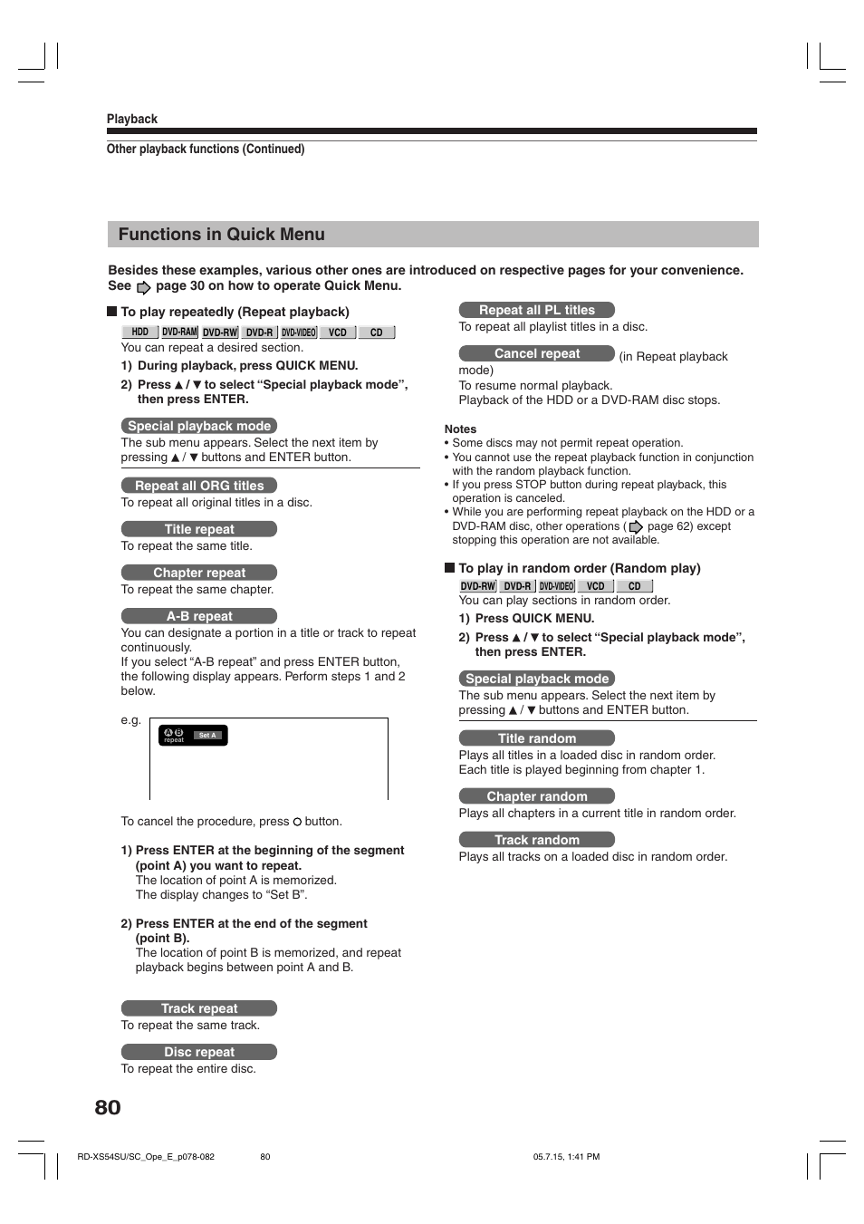 Functions in quick menu | Toshiba RD-XS54SU User Manual | Page 80 / 100