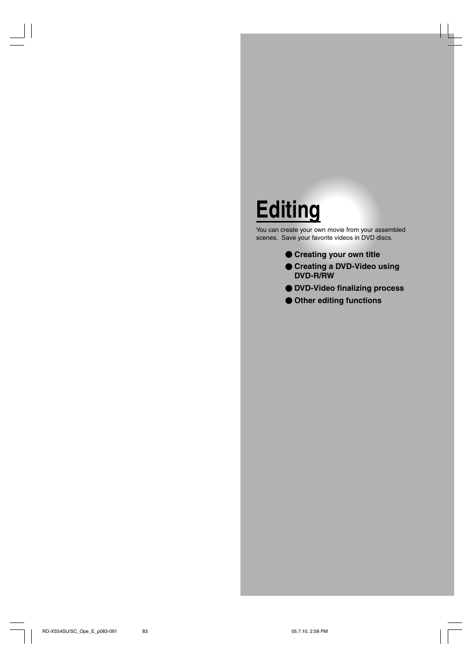 Editing | Toshiba RD-XS54SU User Manual | Page 83 / 100