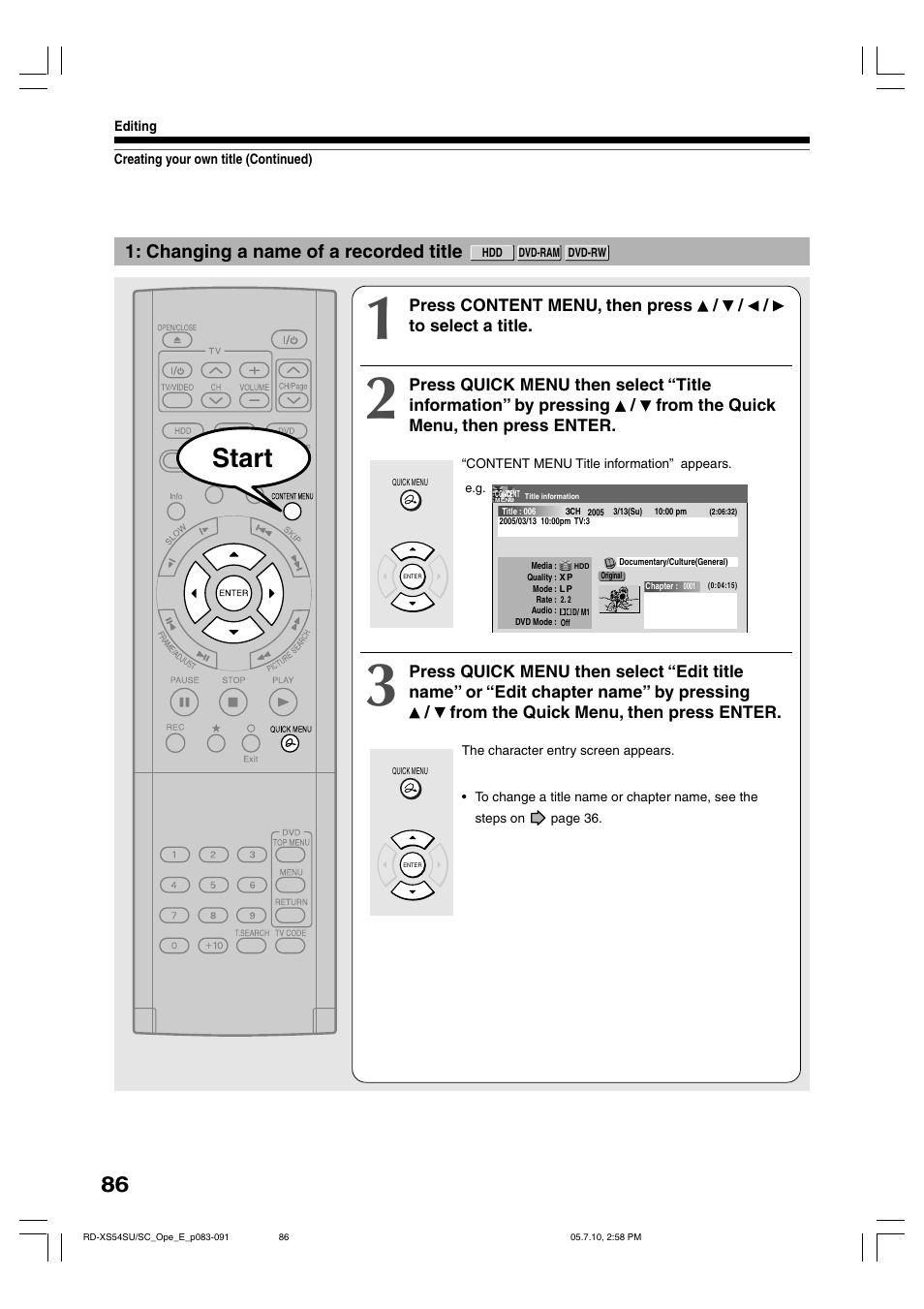 Start, Changing a name of a recorded title | Toshiba RD-XS54SU User Manual | Page 86 / 100