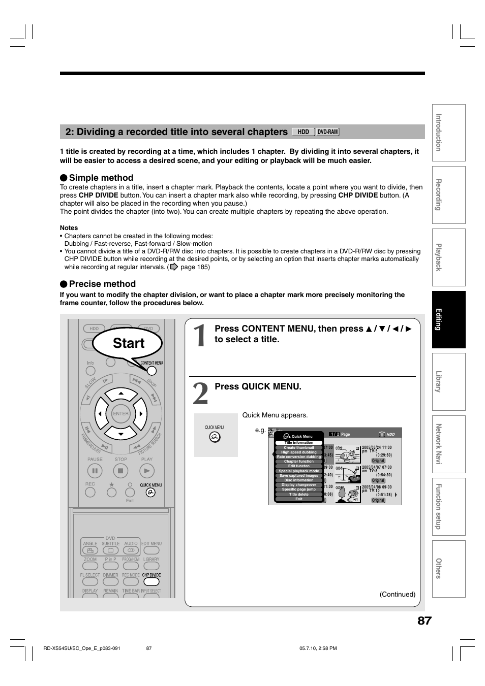 Start, Dividing a recorded title into several chapters, Press quick menu | Precise method, Simple method | Toshiba RD-XS54SU User Manual | Page 87 / 100