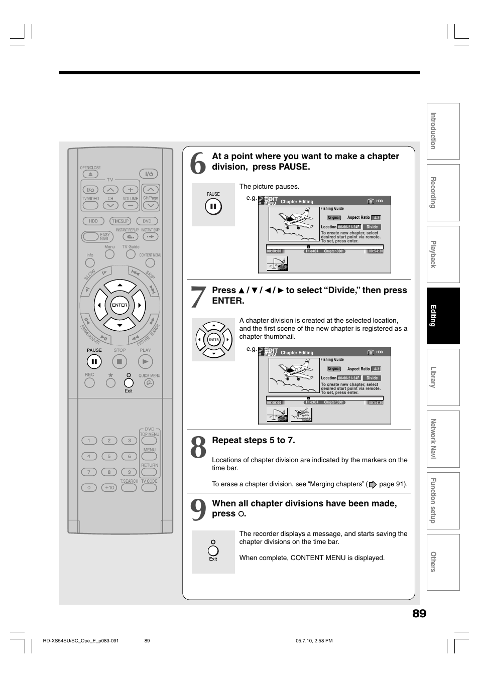 Press / / / to select “divide,” then press enter, Repeat steps 5 to 7, When all chapter divisions have been made, press | Toshiba RD-XS54SU User Manual | Page 89 / 100