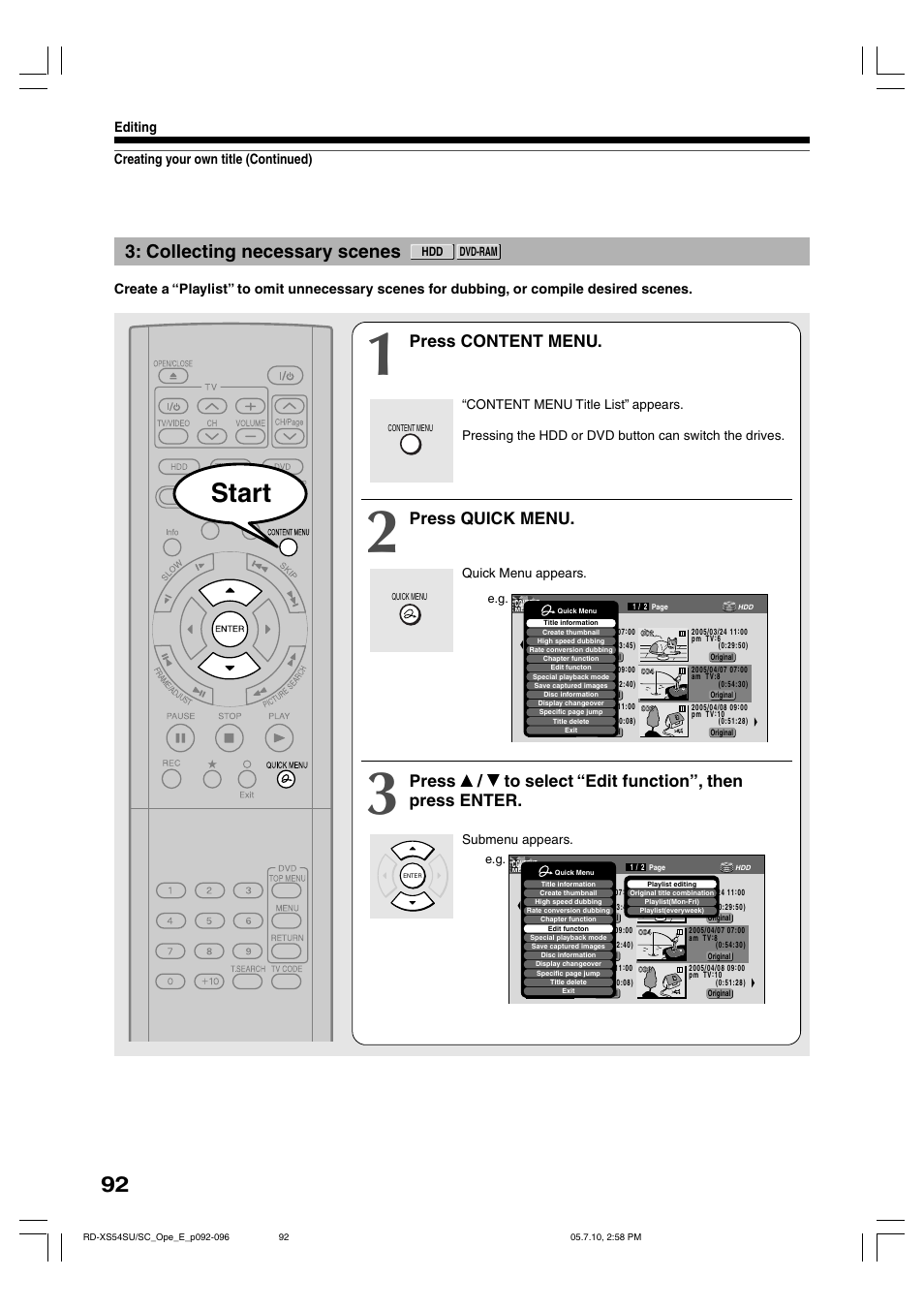 Start, Collecting necessary scenes, Press content menu | Press quick menu, Creating your own title (continued) editing | Toshiba RD-XS54SU User Manual | Page 92 / 100