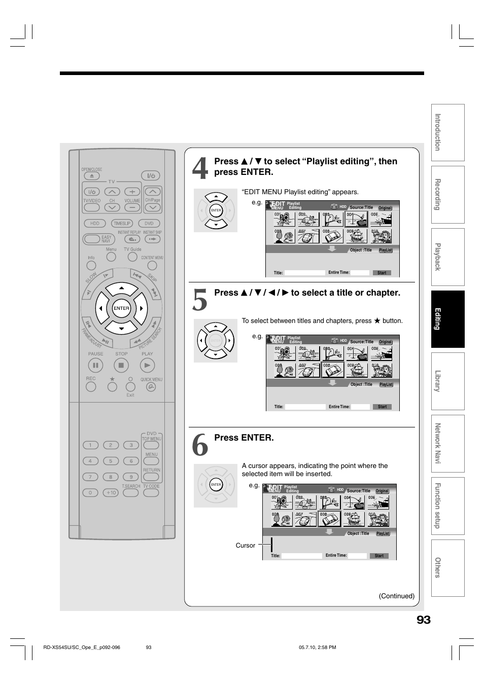 Press / / / to select a title or chapter, Press enter | Toshiba RD-XS54SU User Manual | Page 93 / 100