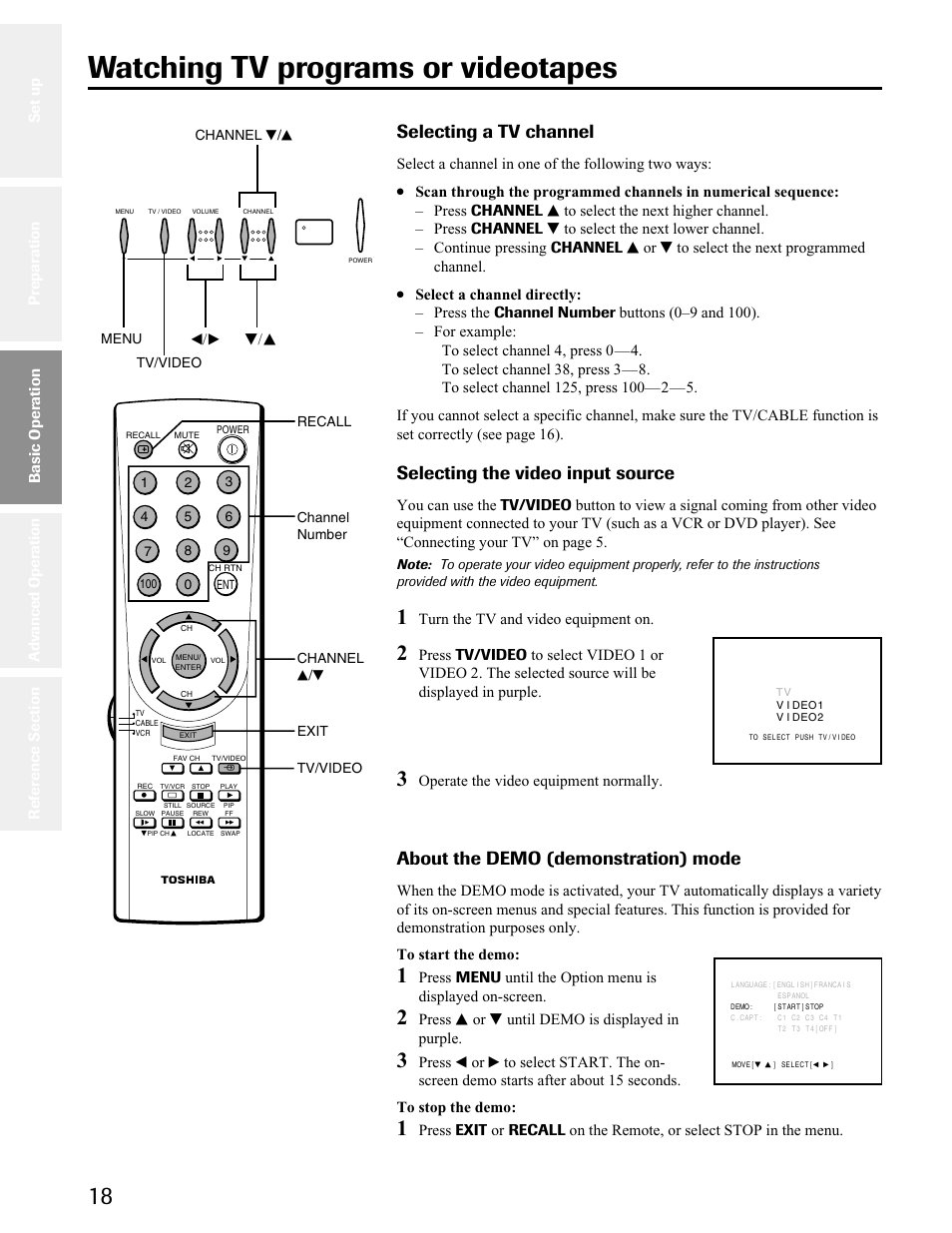 Basic operation, Watching tv programs or videotapes, Selecting a tv channel | Selecting the video input source, About the demo (demonstration) mode | Toshiba 34AS41 User Manual | Page 18 / 35