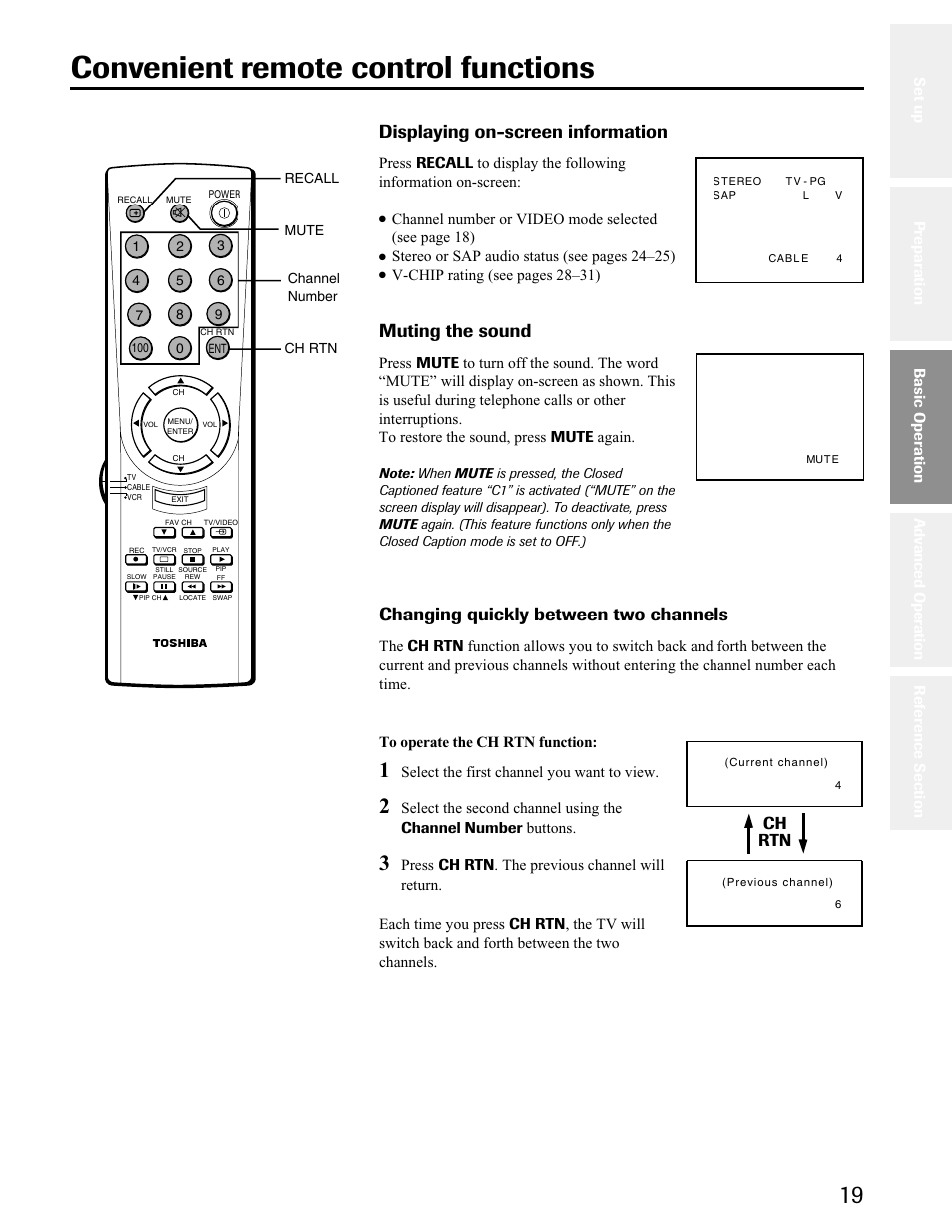 Convenient remote control functions, Muting the sound, Ch rtn | Toshiba 34AS41 User Manual | Page 19 / 35