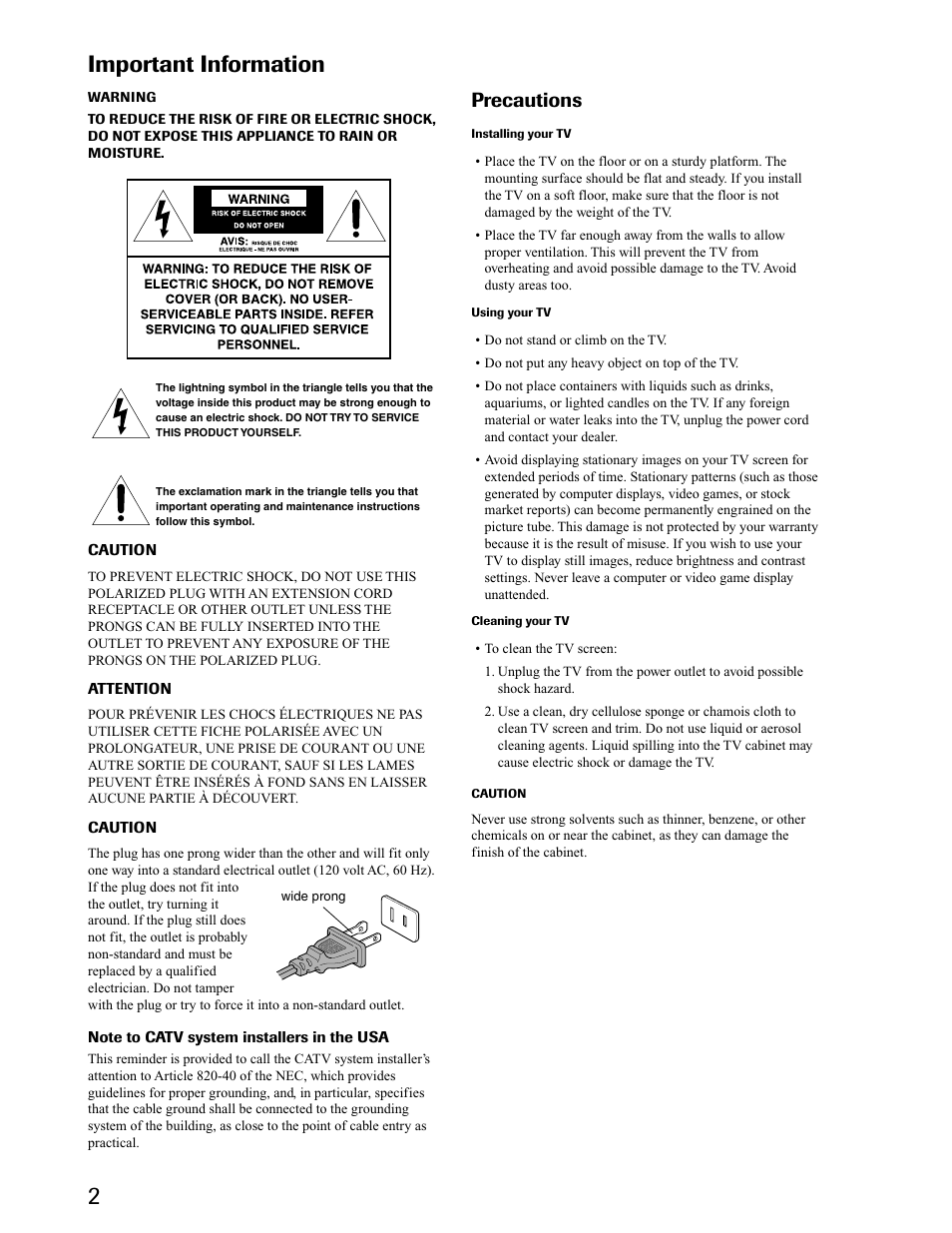 Precautions, Important information | Toshiba 34AS41 User Manual | Page 2 / 35