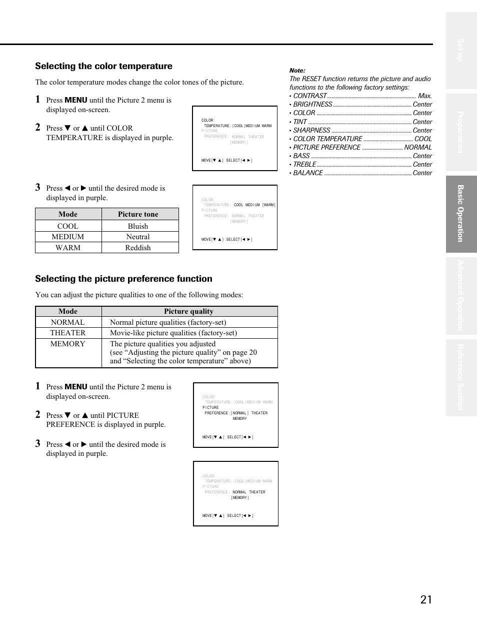 Selecting the color temperature, Selecting the picture preference function | Toshiba 34AS41 User Manual | Page 21 / 35