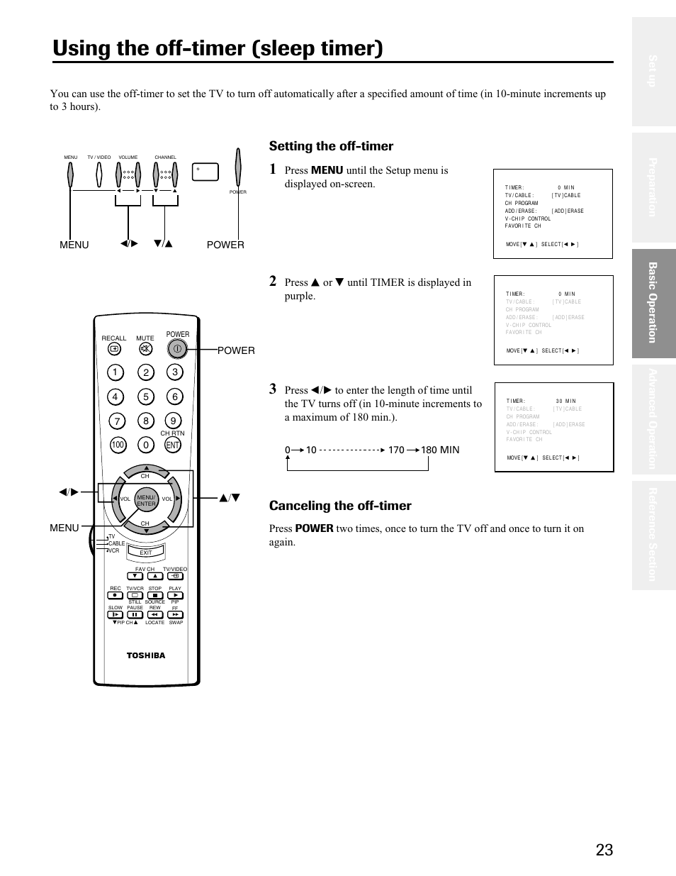 Using the off timer (sleep timer), Using the off-timer (sleep timer), Setting the off-timer | Canceling the off-timer, S/t t/s, Press s or t until timer is displayed in purple, Basic operation, Power, Menu, Power t/s t/s menu | Toshiba 34AS41 User Manual | Page 23 / 35