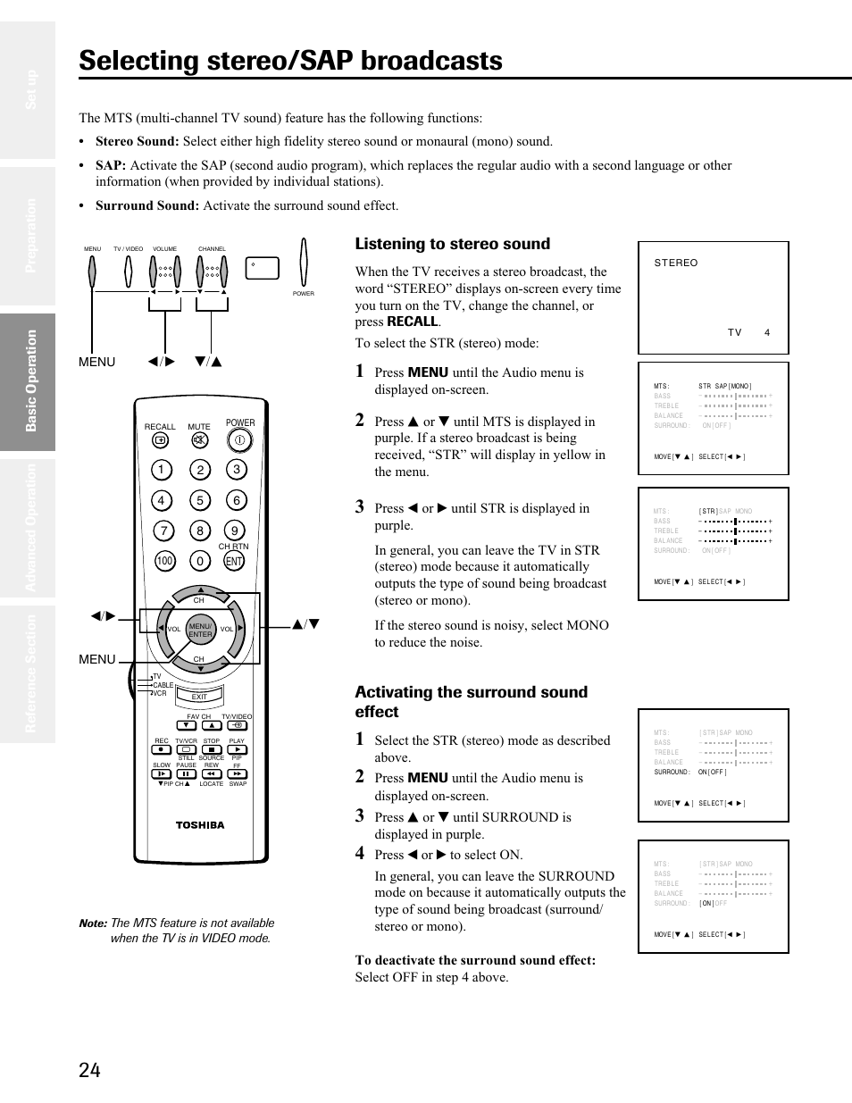 Selecting stereo/sap broadcasts, Listening to stereo sound, Activating the surround sound effect | Select the str (stereo) mode as described above, Press s or t until surround is displayed in purple, T / s t/s, Basic operation, Menu | Toshiba 34AS41 User Manual | Page 24 / 35