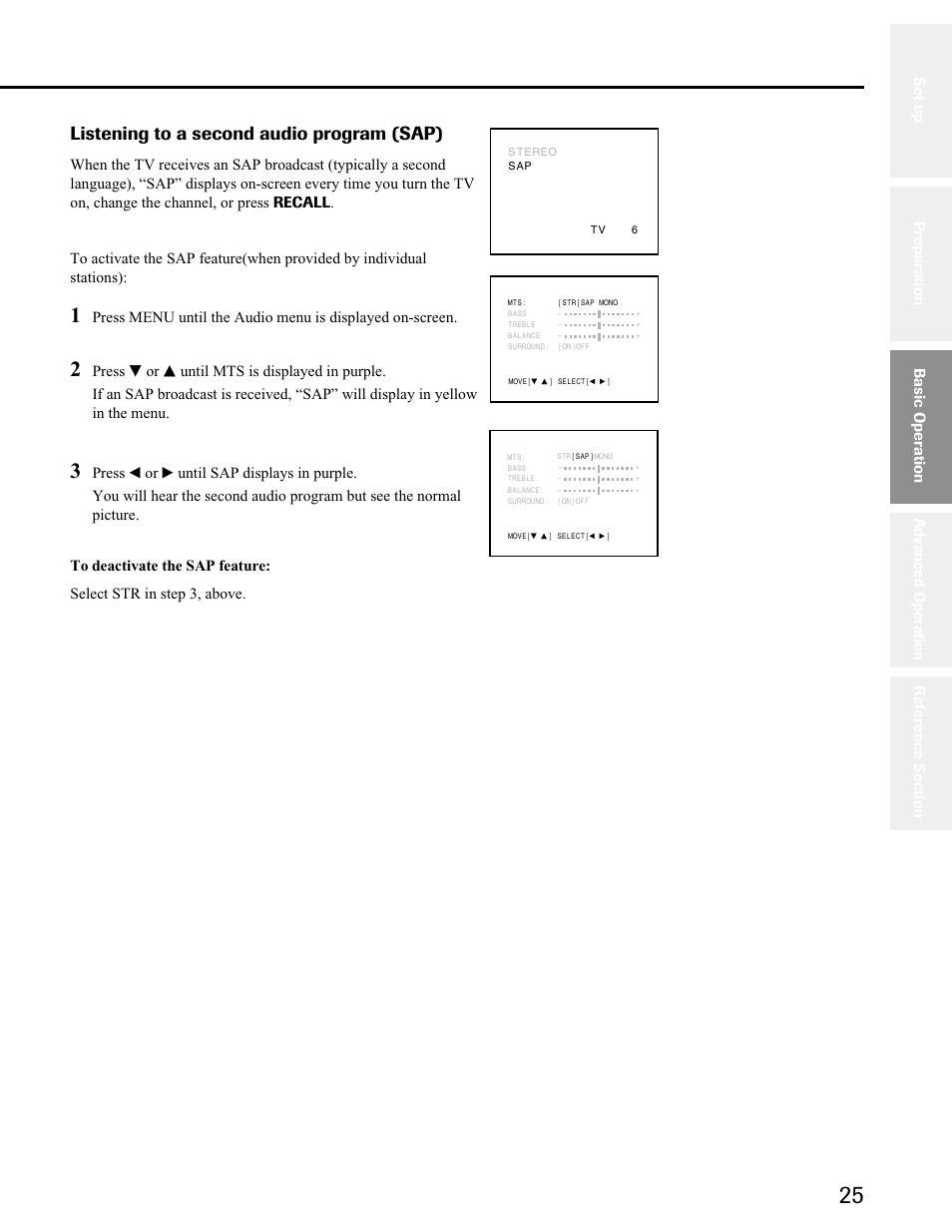 Listening to a second audio program (sap), Basic operation | Toshiba 34AS41 User Manual | Page 25 / 35