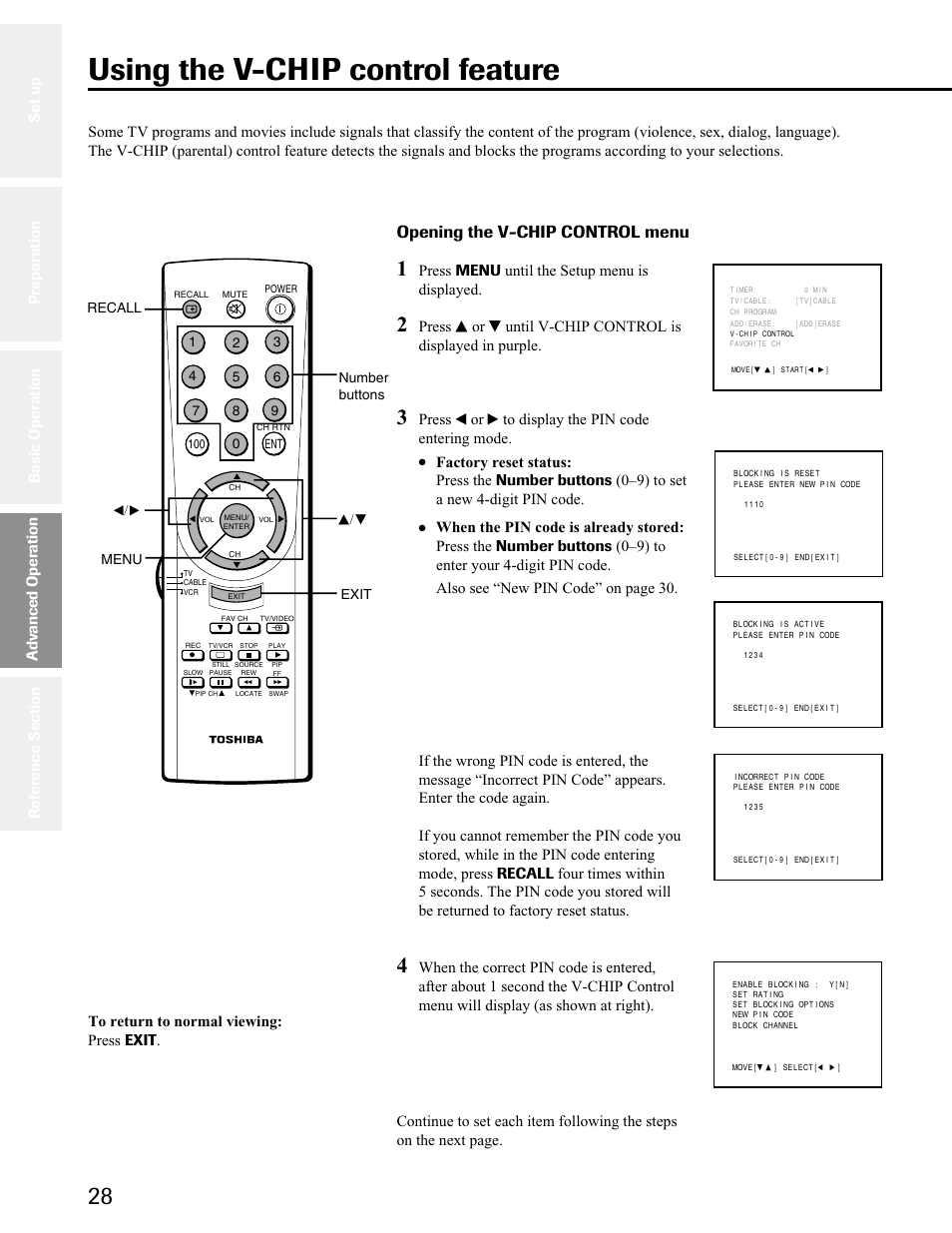 Using the v-chip control feature, Opening the v-chip control menu, Press menu until the setup menu is displayed | Press t or s to display the pin code entering mode, Advanced operation | Toshiba 34AS41 User Manual | Page 28 / 35