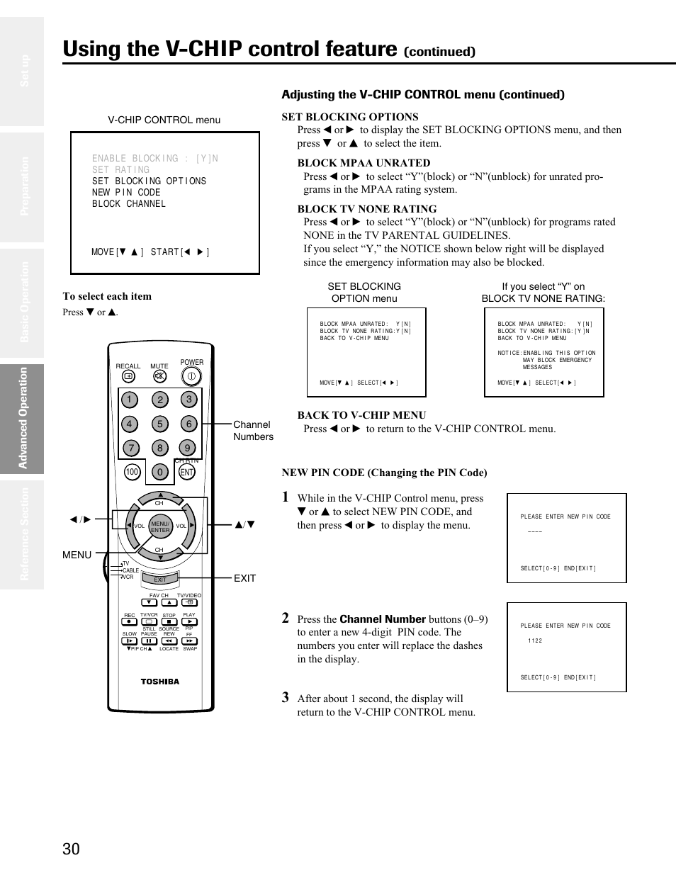 Using the v-chip control feature, Continued), Adjusting the v-chip control menu (continued) | Toshiba 34AS41 User Manual | Page 30 / 35