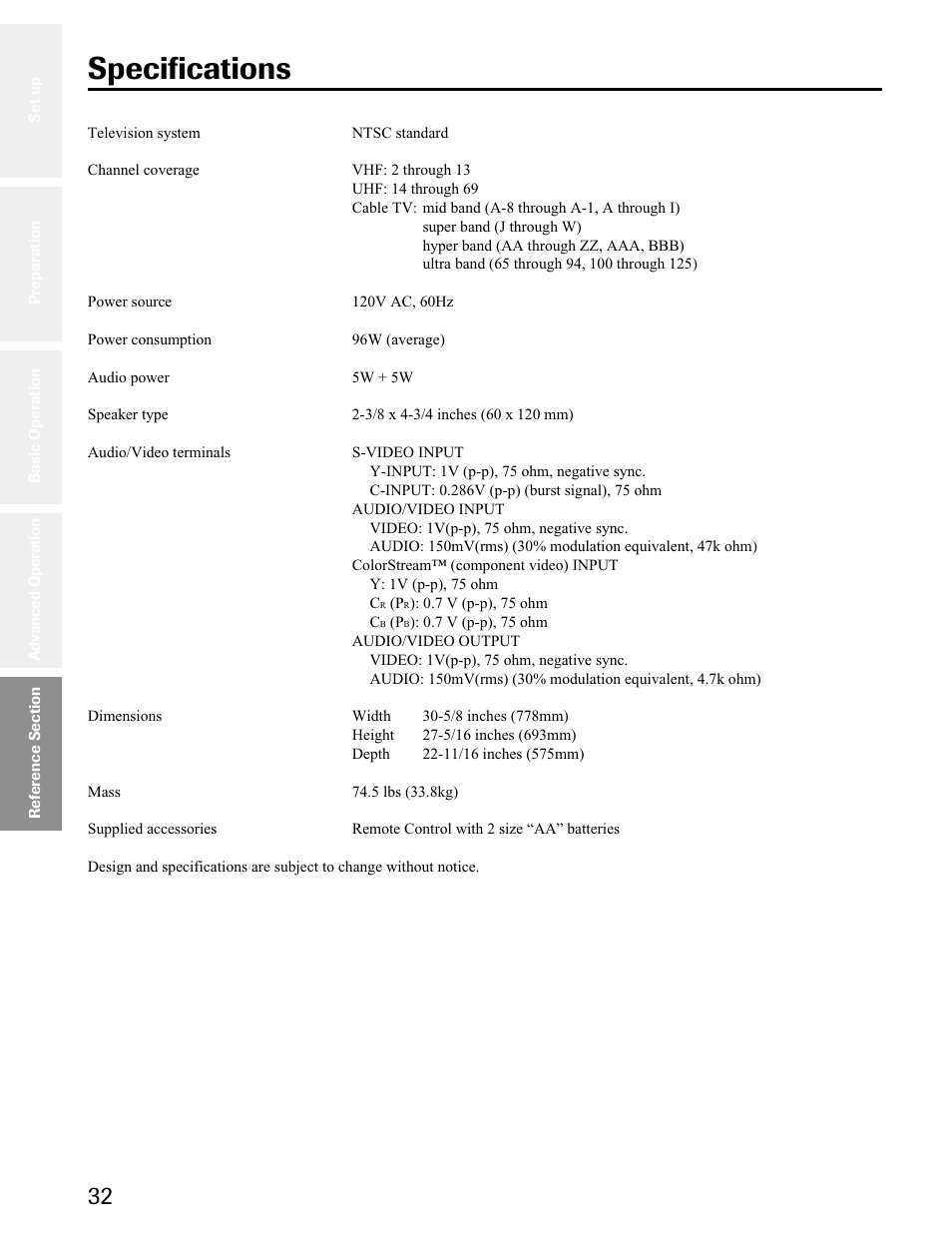 Reference section, Specifications | Toshiba 34AS41 User Manual | Page 32 / 35