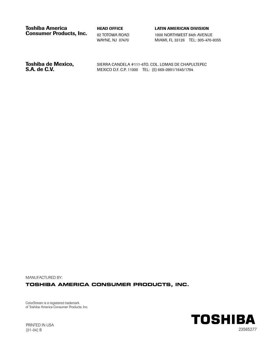 Back cover | Toshiba 34AS41 User Manual | Page 35 / 35
