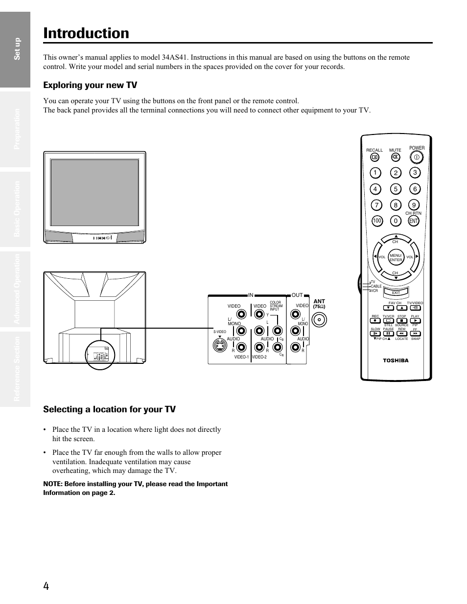 Set up, Introduction, Exploring your new tv | Selecting a location for your tv | Toshiba 34AS41 User Manual | Page 4 / 35