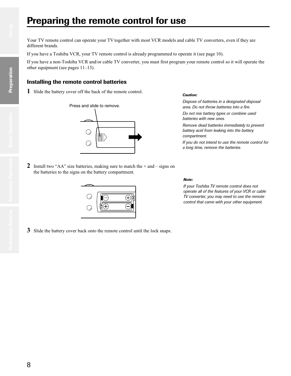 Preparation, Preparing the remote control for use | Toshiba 34AS41 User Manual | Page 8 / 35