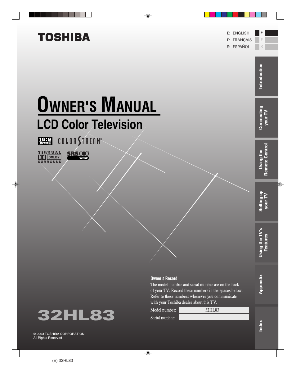 Toshiba 32HL83 User Manual | 66 pages