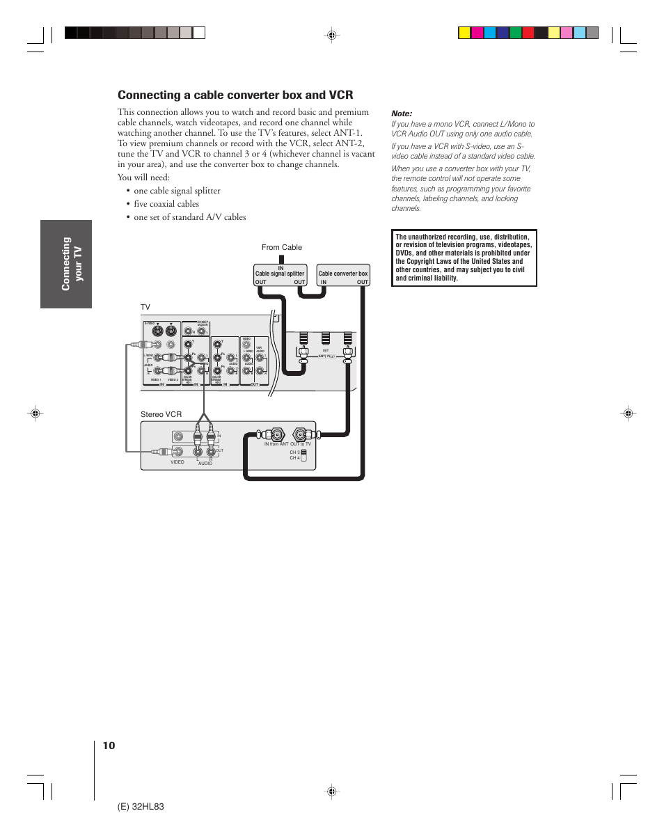 Connecting a cable converter box and vcr, Connecting y our t v, E) 32hl83 | Toshiba 32HL83 User Manual | Page 10 / 66