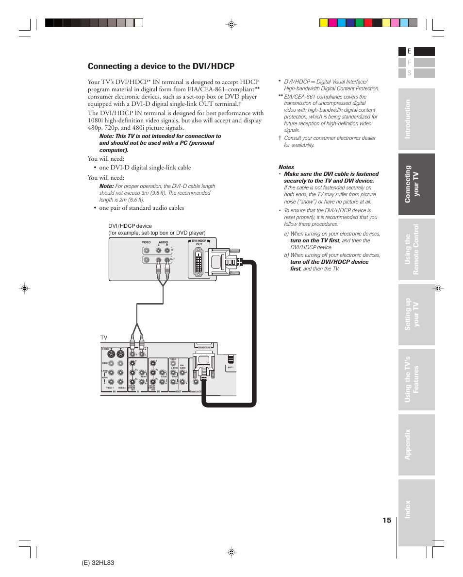 Connecting a device to the dvi/hdcp, E) 32hl83, One pair of standard audio cables | Toshiba 32HL83 User Manual | Page 15 / 66