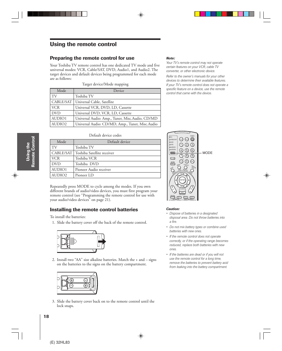 Using the remote control, Preparing the remote control for use, Installing the remote control batteries | Using the remote contr ol, E) 32hl83 | Toshiba 32HL83 User Manual | Page 18 / 66