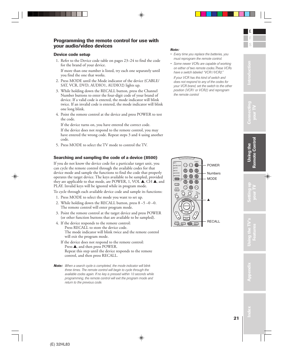 Device code setup, Searching and sampling the code of a device (8500), E) 32hl83 | Toshiba 32HL83 User Manual | Page 21 / 66