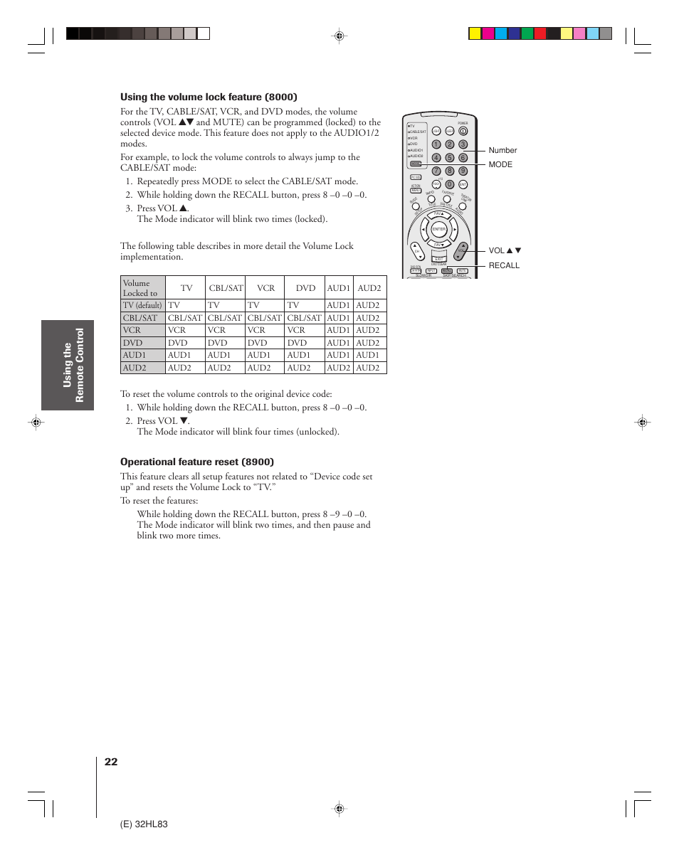 Using the remote contr ol, Using the volume lock feature (8000), Operational feature reset (8900) | E) 32hl83 | Toshiba 32HL83 User Manual | Page 22 / 66