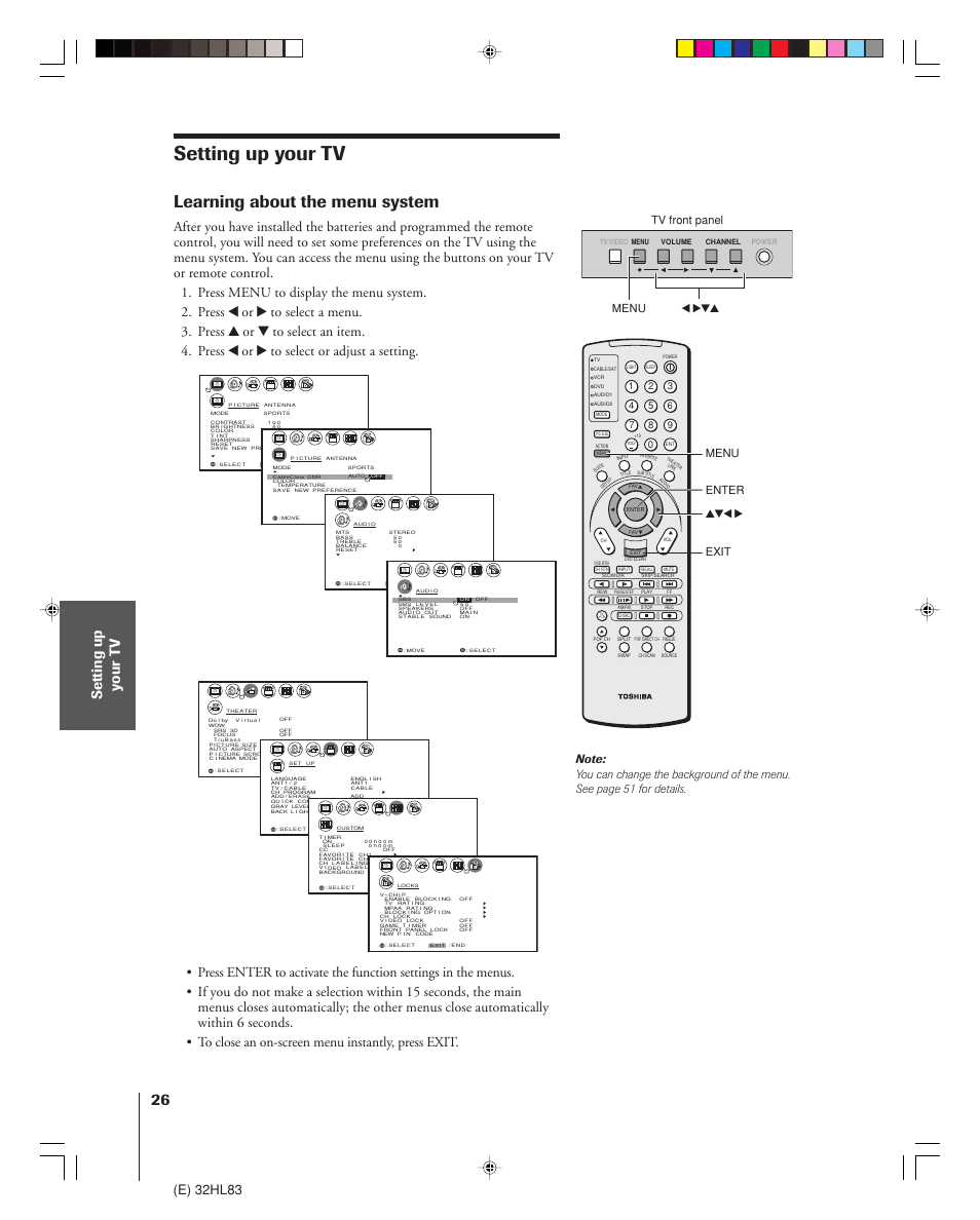 Setting up your tv, Learning about the menu system, Setting up y our t v | E) 32hl83, Tv front panel enter | Toshiba 32HL83 User Manual | Page 26 / 66