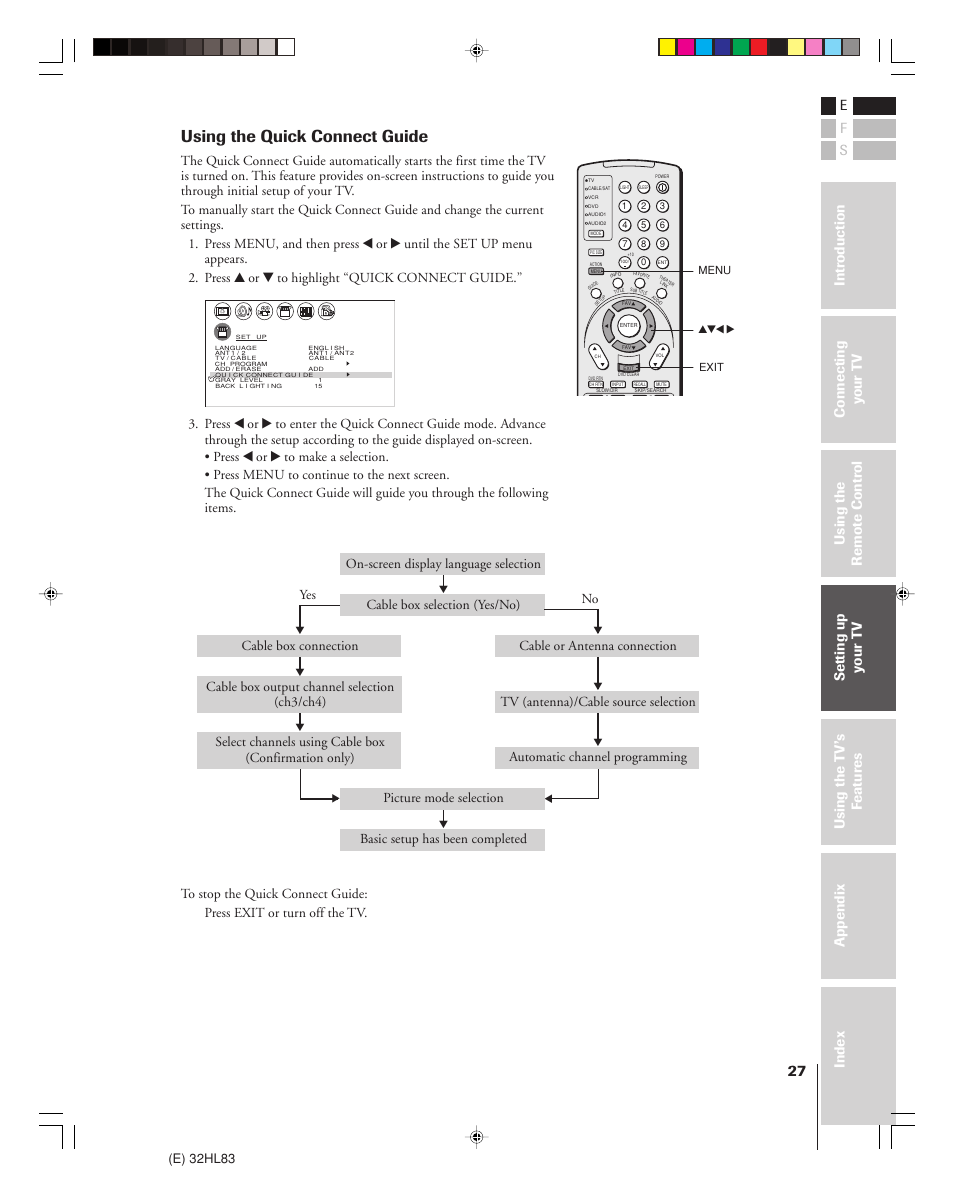 Using the quick connect guide, E) 32hl83, Yes no | Toshiba 32HL83 User Manual | Page 27 / 66
