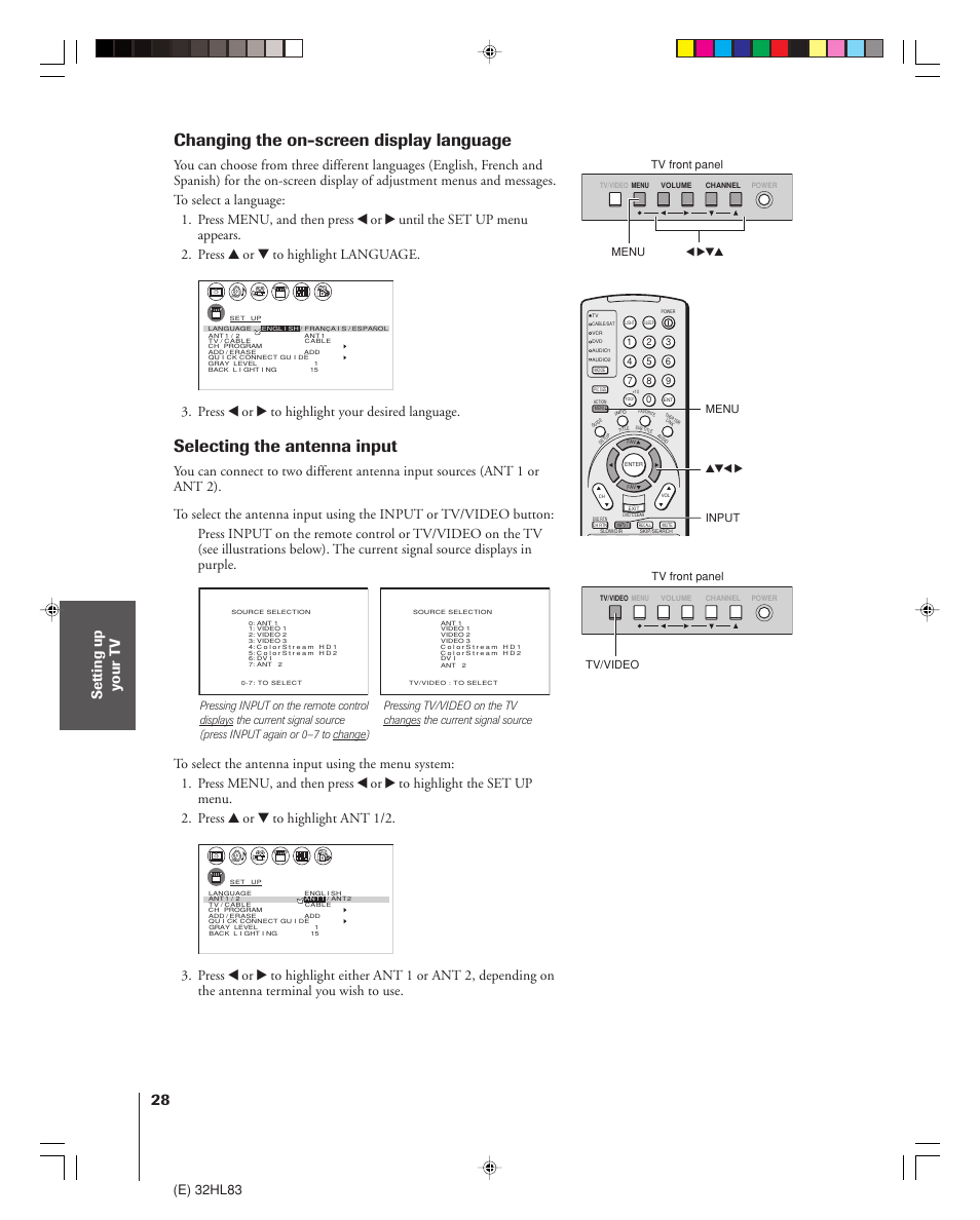 Changing the on-screen display language, Selecting the antenna input, Setting up y our t v | E) 32hl83, Press x or • to highlight your desired language | Toshiba 32HL83 User Manual | Page 28 / 66