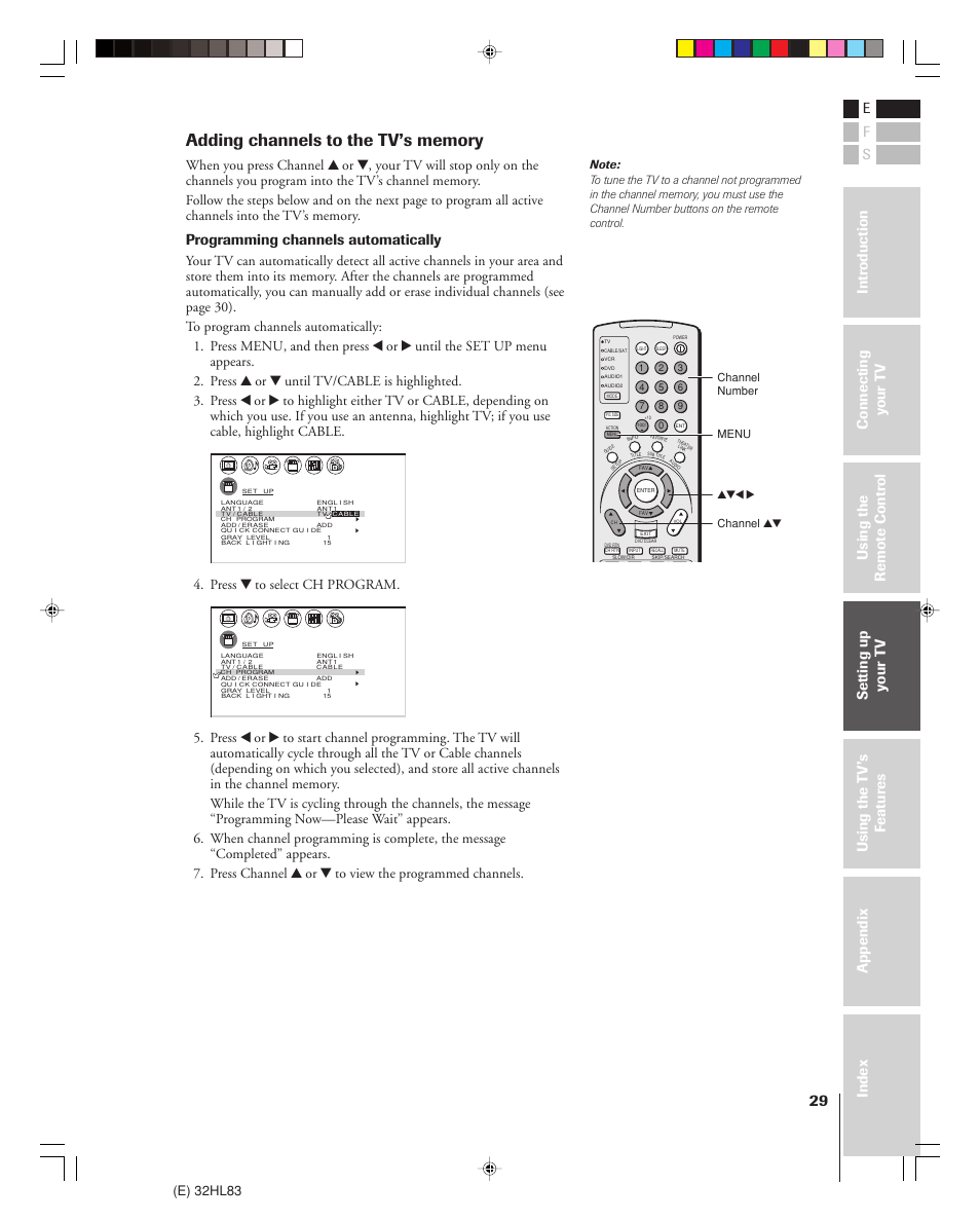 Programming channels automatically, E) 32hl83, Press z to select ch program | Toshiba 32HL83 User Manual | Page 29 / 66