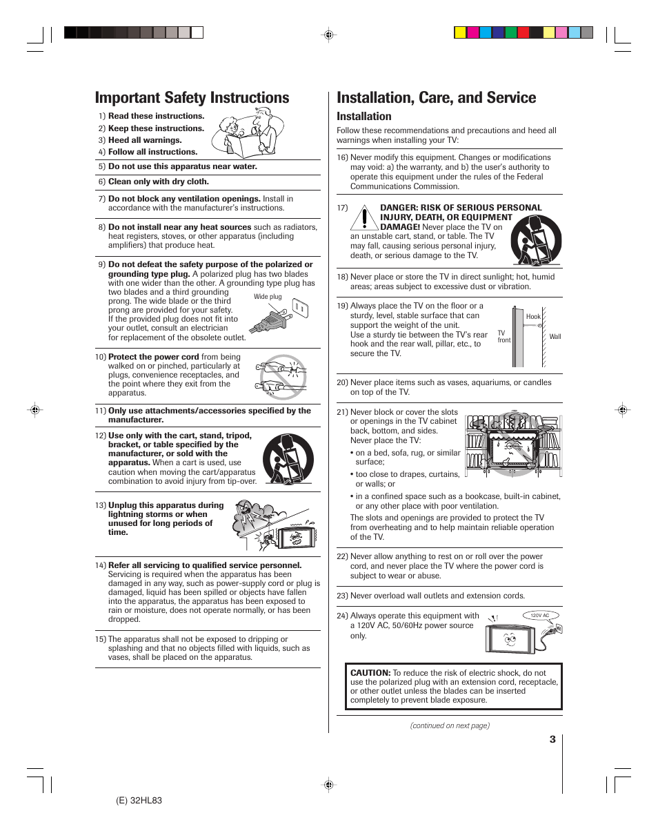 Installation, care, and service, Important safety instructions, Installation | Toshiba 32HL83 User Manual | Page 3 / 66