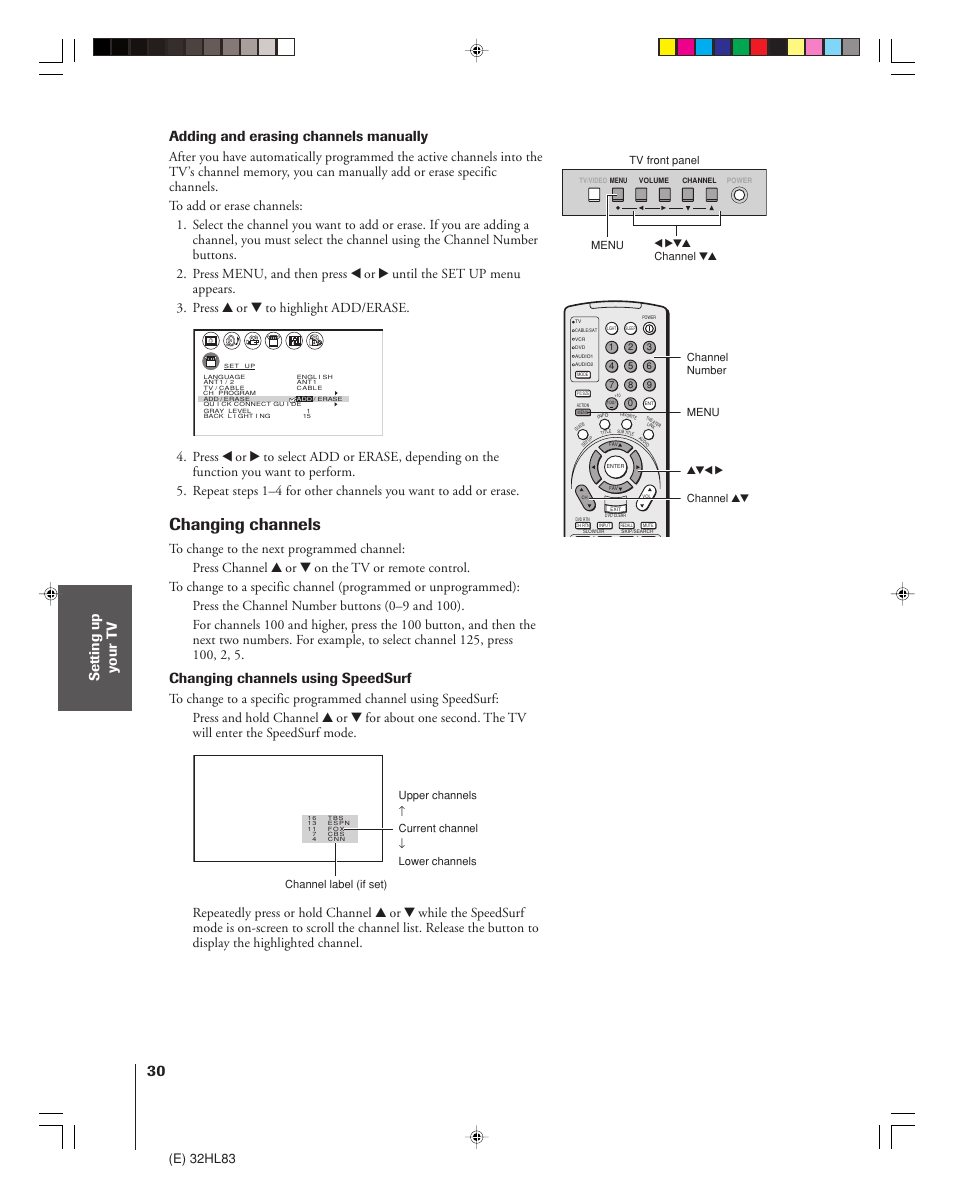 Changing channels, Changing channels using speedsurf, E) 32hl83 | Toshiba 32HL83 User Manual | Page 30 / 66