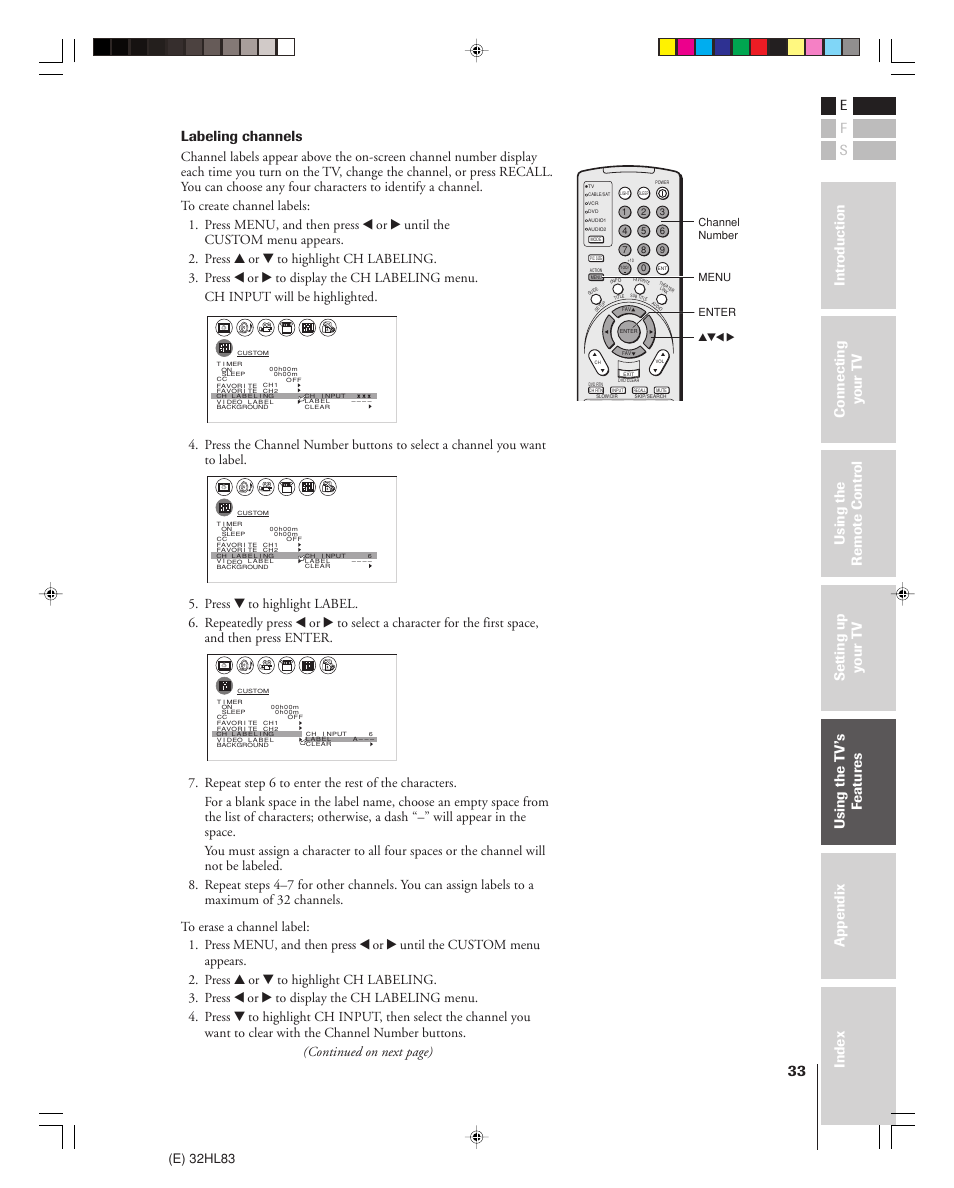 Labeling channels, E) 32hl83, Continued on next page) | Channel number menu yzx, Enter | Toshiba 32HL83 User Manual | Page 33 / 66