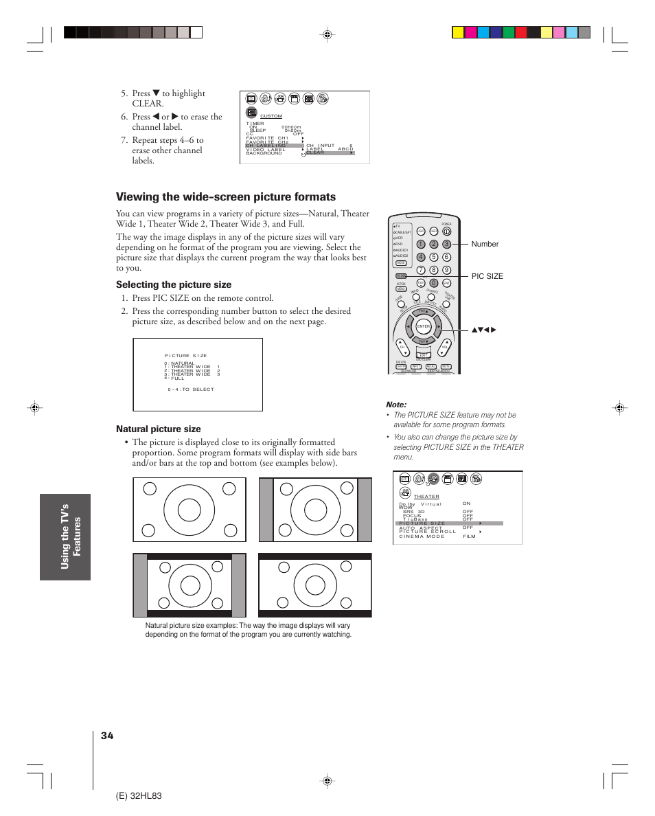 Viewing the wide-screen picture formats, Using the t v’s f eatur es, Selecting the picture size | E) 32hl83, Number pic size yzx | Toshiba 32HL83 User Manual | Page 34 / 66