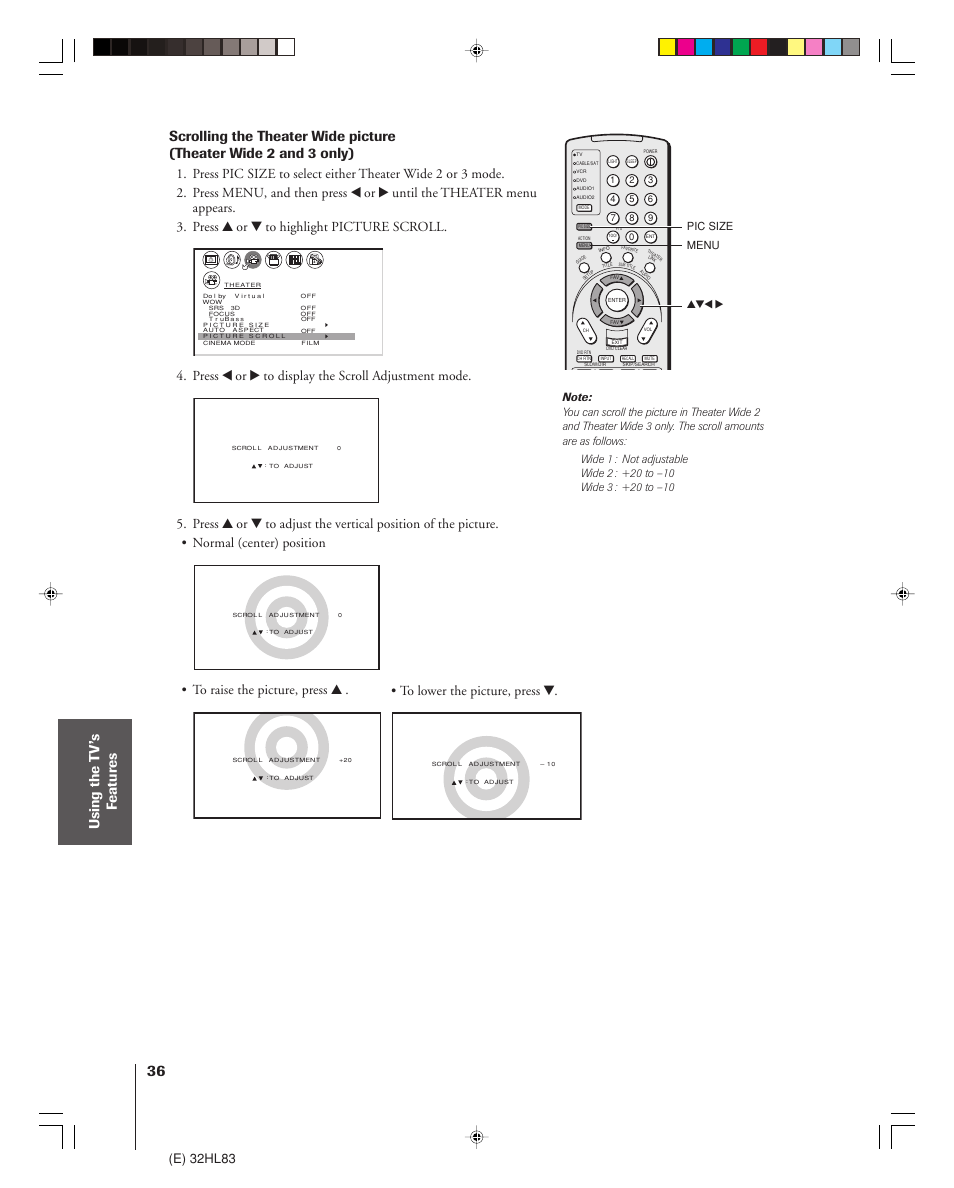 Using the t v’s f eatur es, E) 32hl83, Press x or • to display the scroll adjustment mode | Toshiba 32HL83 User Manual | Page 36 / 66