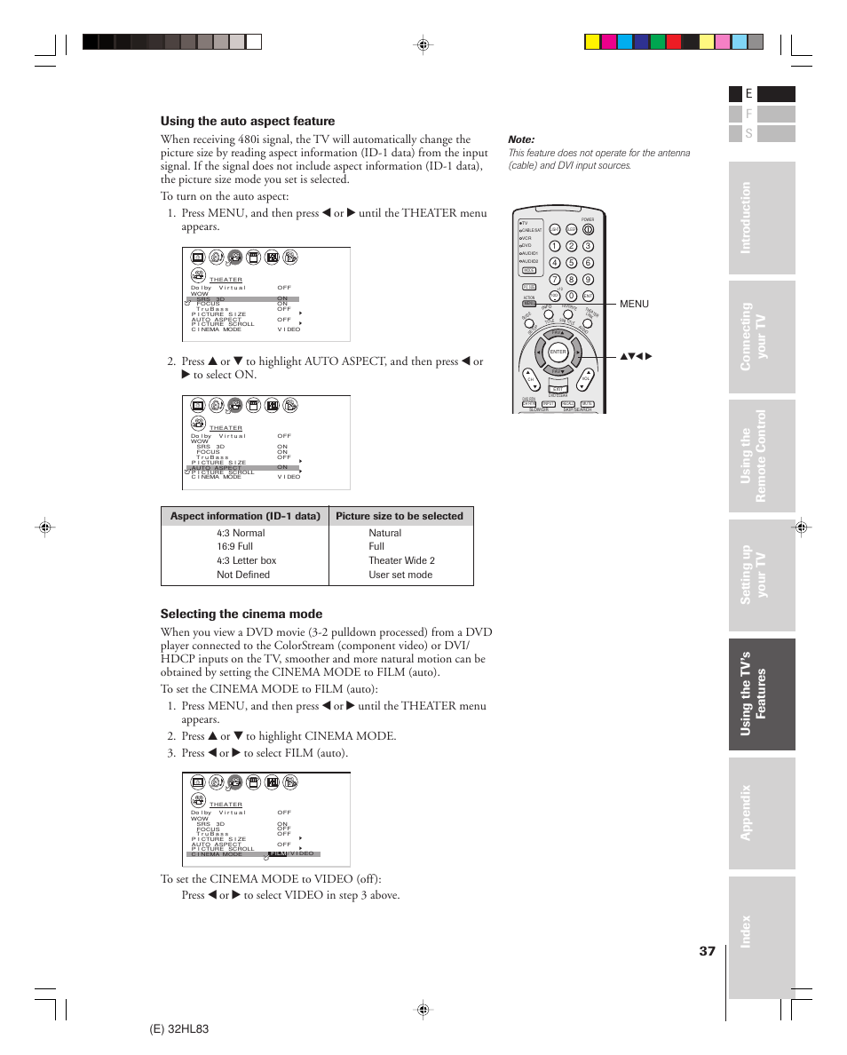 Using the auto aspect feature, Selecting the cinema mode, E) 32hl83 | Toshiba 32HL83 User Manual | Page 37 / 66