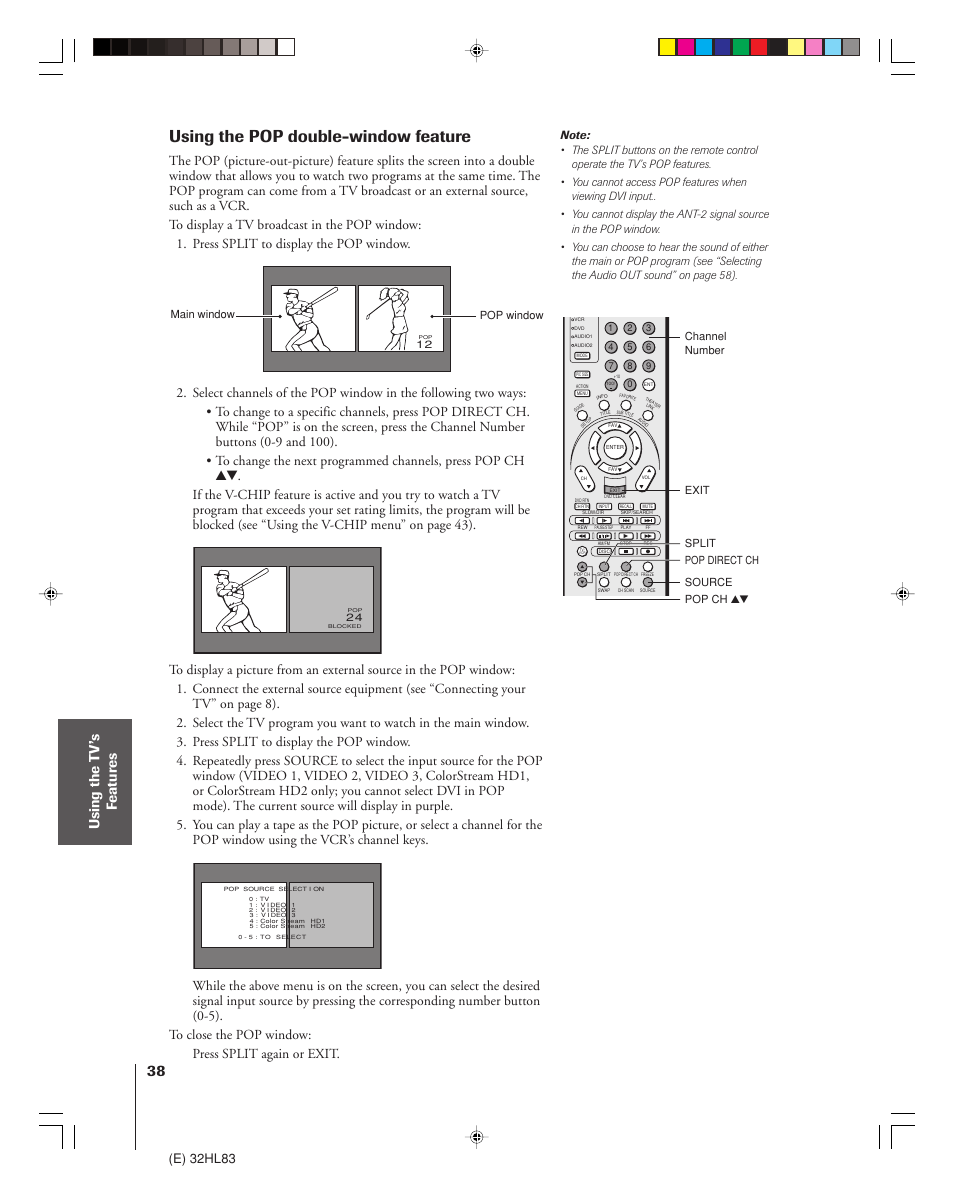 Using the pop double-window feature, Using the t v’s f eatur es, E) 32hl83 | Main window pop window | Toshiba 32HL83 User Manual | Page 38 / 66