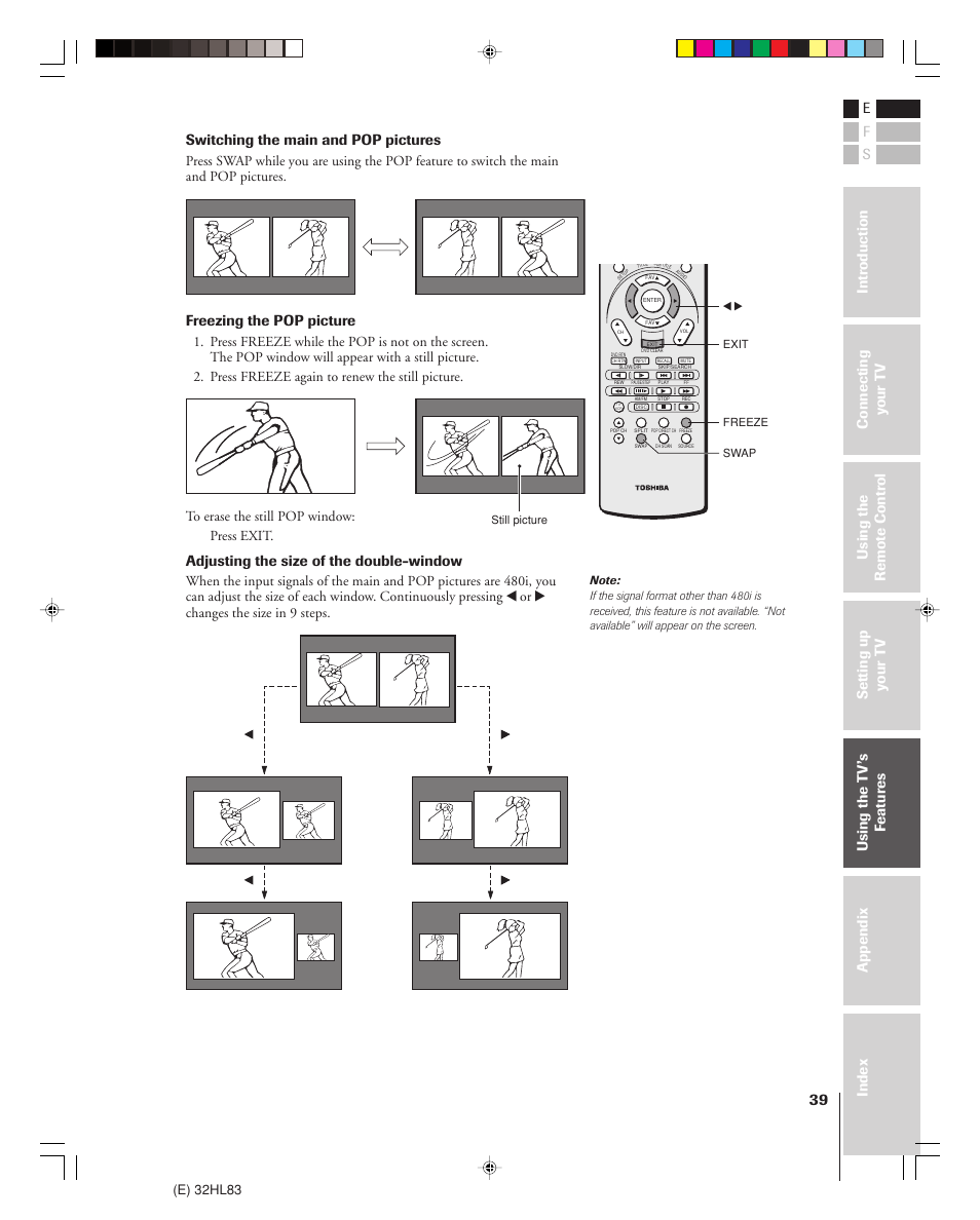 Switching the main and pop pictures, Freezing the pop picture, Adjusting the size of the double-window | E) 32hl83 | Toshiba 32HL83 User Manual | Page 39 / 66