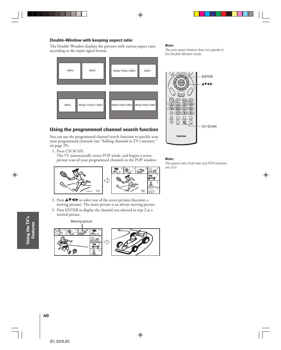 Using the programmed channel search function, E) 32hl83 | Toshiba 32HL83 User Manual | Page 40 / 66