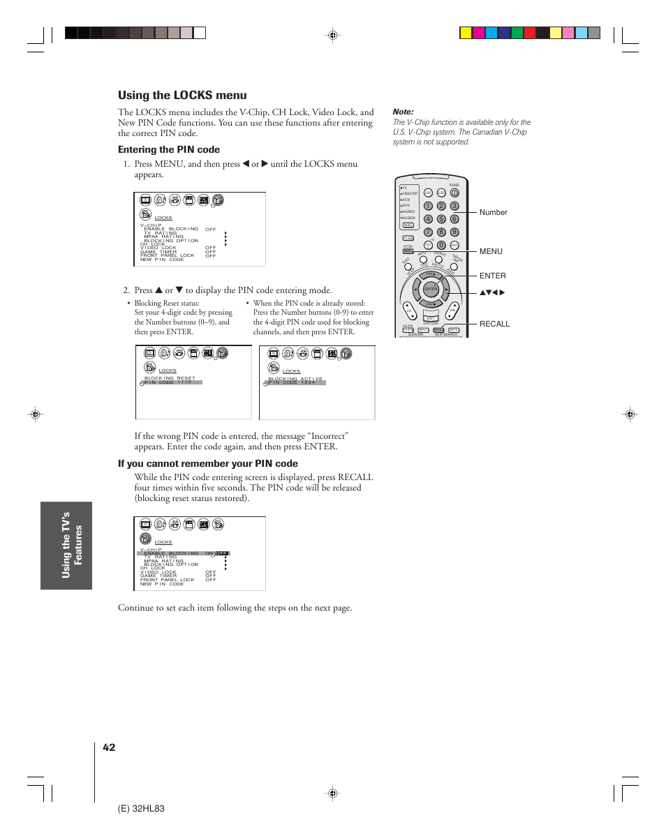 Using the locks menu, Using the t v’s f eatur es, Entering the pin code | If you cannot remember your pin code, E) 32hl83, Press y or z to display the pin code entering mode | Toshiba 32HL83 User Manual | Page 42 / 66