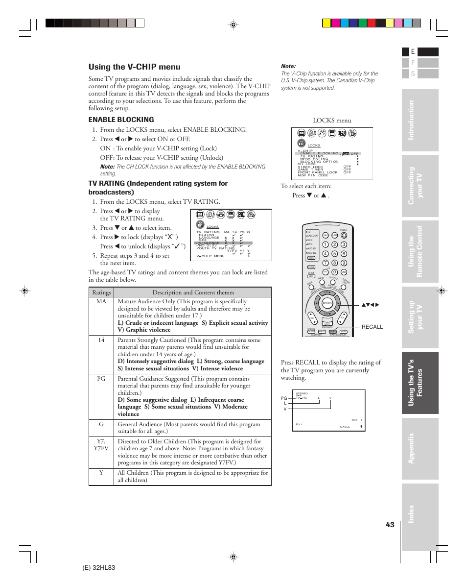 Using the v-chip menu, Enable blocking, E) 32hl83 | Locks menu | Toshiba 32HL83 User Manual | Page 43 / 66