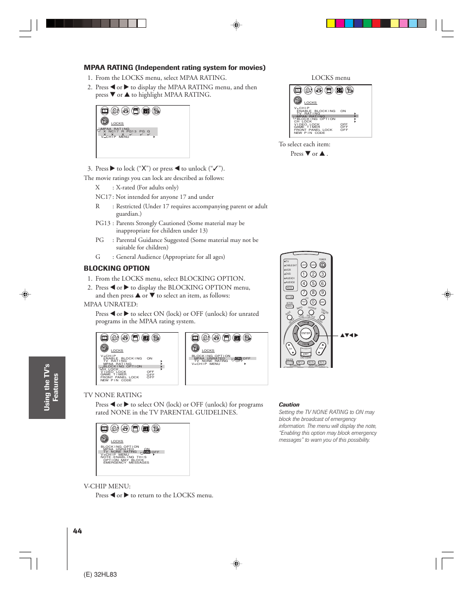 Blocking option, E) 32hl83, Locks menu | Toshiba 32HL83 User Manual | Page 44 / 66