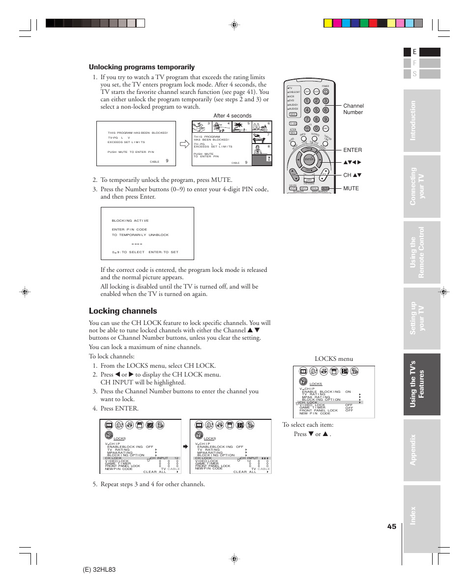 Locking channels, Unlocking programs temporarily, E) 32hl83 | Repeat steps 3 and 4 for other channels, Locks menu, Enter yzx • mute after 4 seconds channel number, Ch yz | Toshiba 32HL83 User Manual | Page 45 / 66